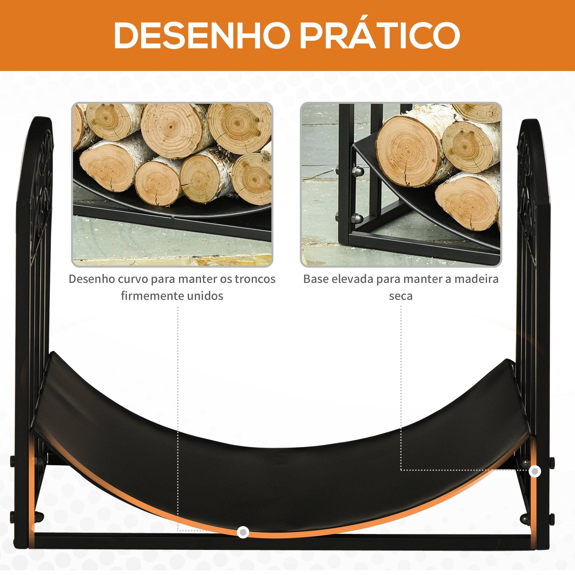 Suporte para Lenha Curvo Preto 60,5x36x46,5 cm - Capacidade 60 kg