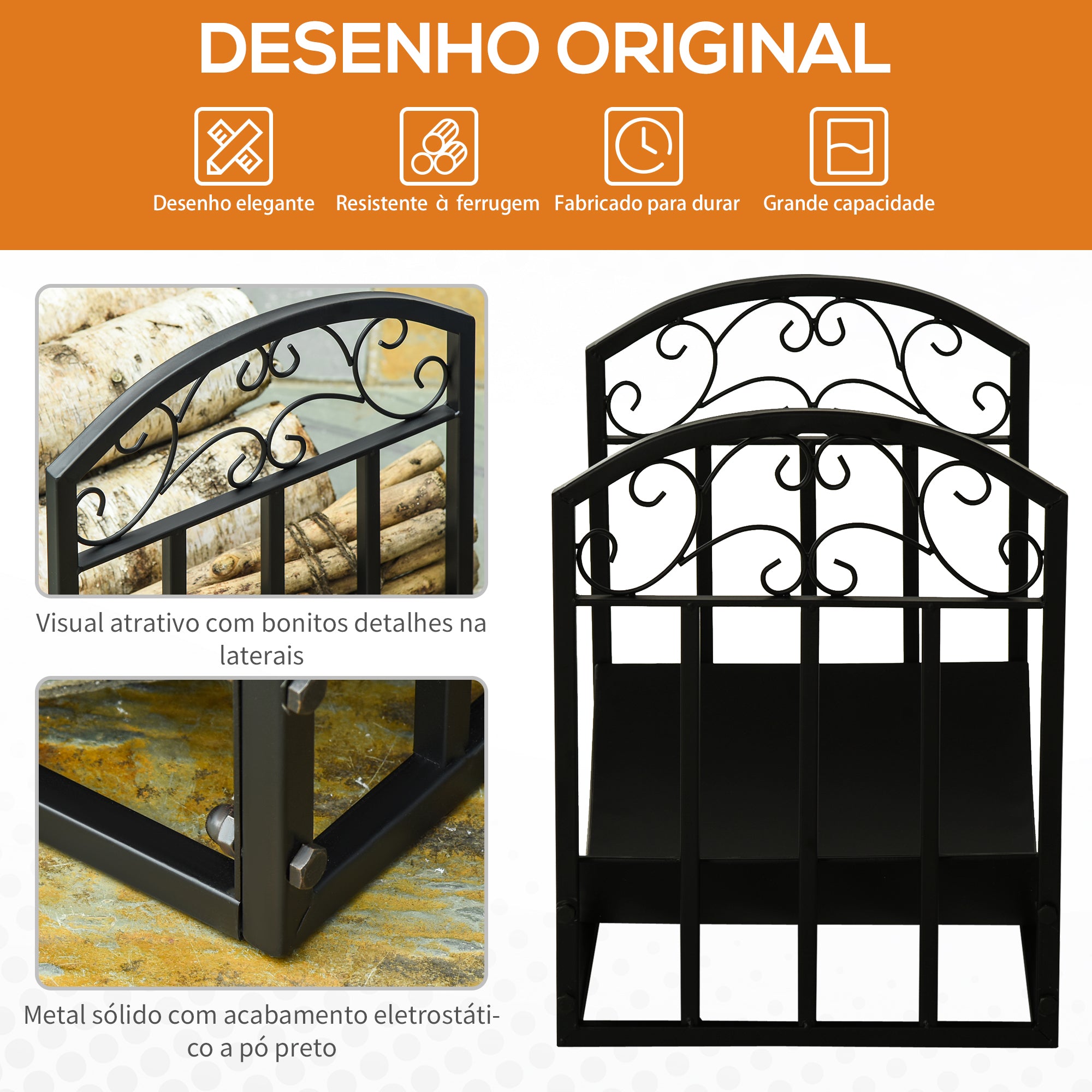 Suporte para Lenha Curvo Preto 60,5x36x46,5 cm - Capacidade 60 kg