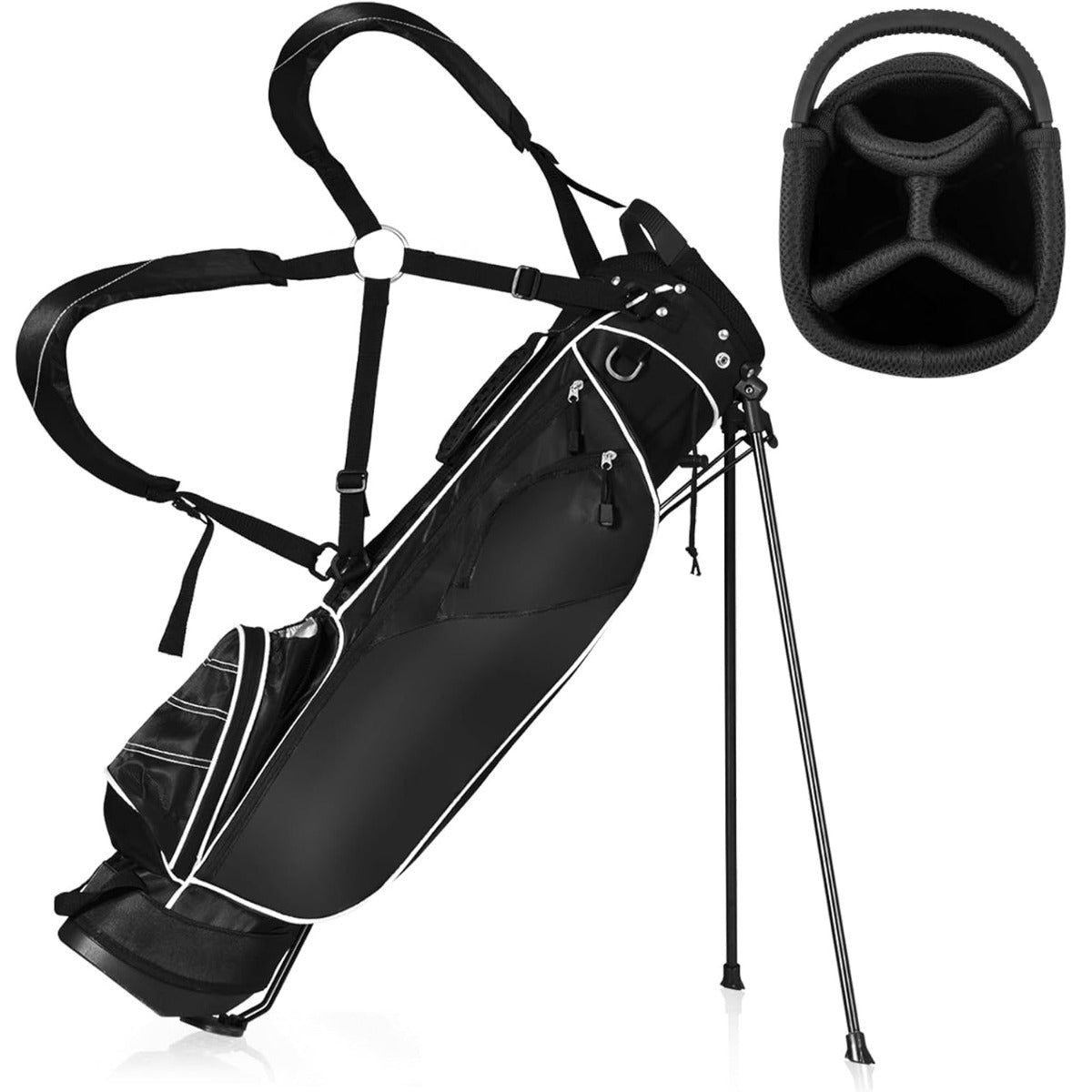 Bolsa com Tripé de Golfe 4 Divisórias 4 Bolsos com Fecho de Correr Alças de Ombro Ajustáveis com Cobertura Impermeável Preto