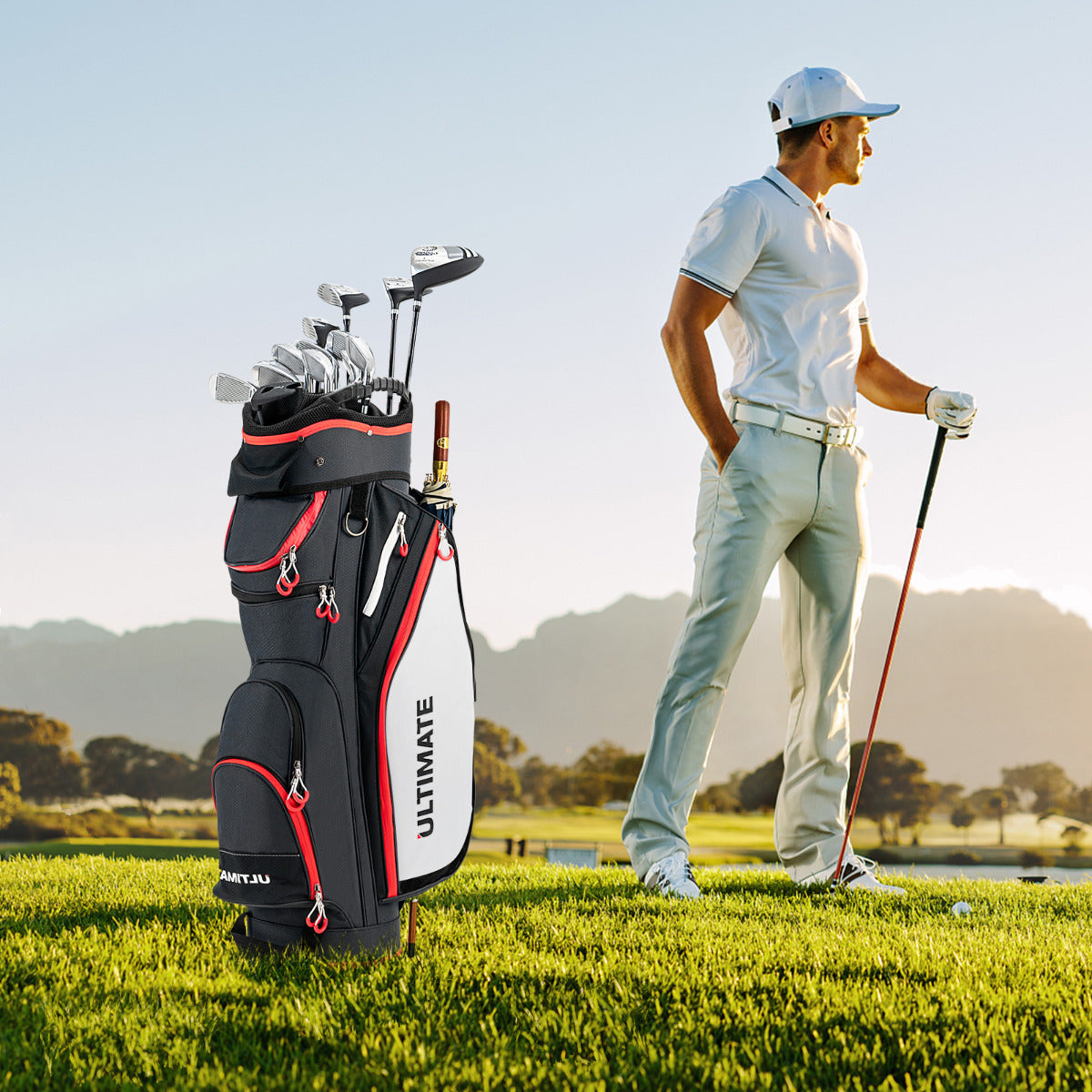 Bolsa de Golfe Leve de Grande Capacidade com 14 Divisórias 8 Bolsos Capa de Chuva Bolsa Térmica para Bebidas 39x25x128 cm Preto