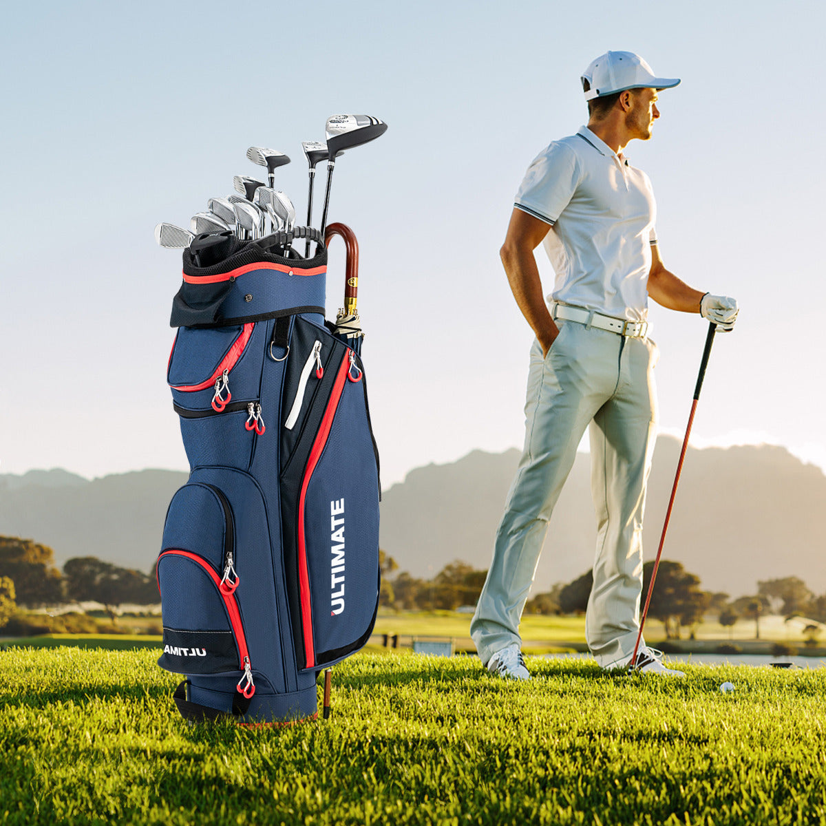 Bolsa de Golfe Leve de Grande Capacidade com 14 Divisórias, 8 Bolsos, Capa de Chuva, Bolsa Térmica para Bebidas 39x25x128 cm Azul