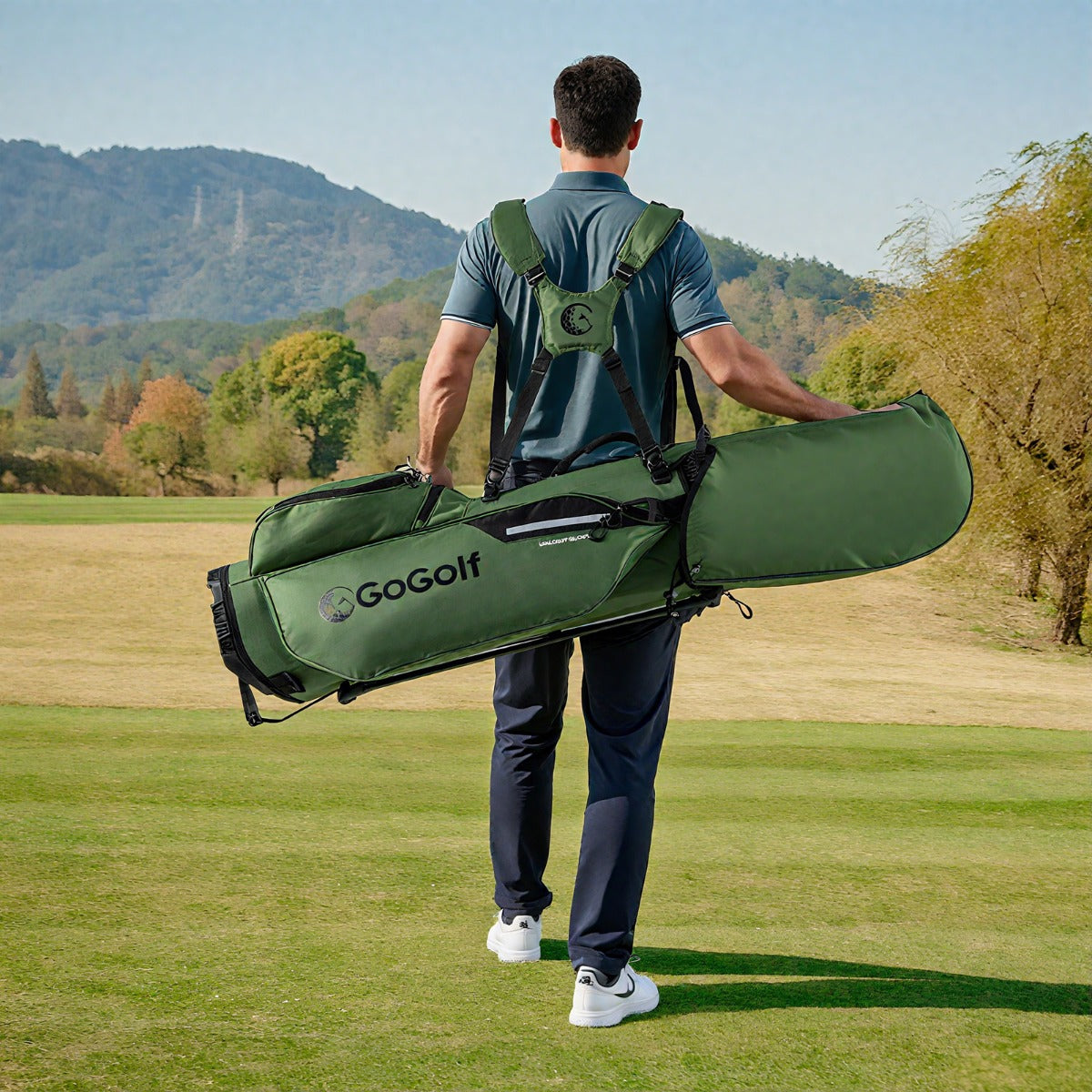 Bolsa de Golfe com Tripé com 8 Divisórias, 5 Bolsos com Fecho de Correr e Dupla Alça Ajustável para o Ombro Capa de Chuva Verde