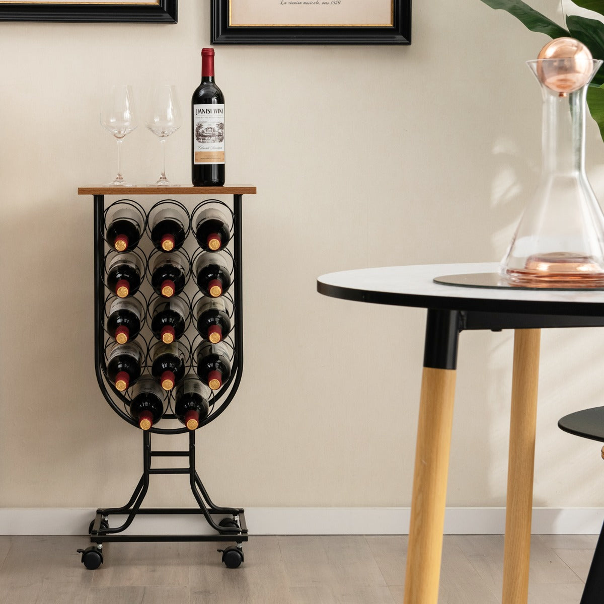 Garrafeira para 14 Garrafas de Vinho com Rodas Removíveis e Traváveis 38 x 30 x 82 cm Castanho e Preto