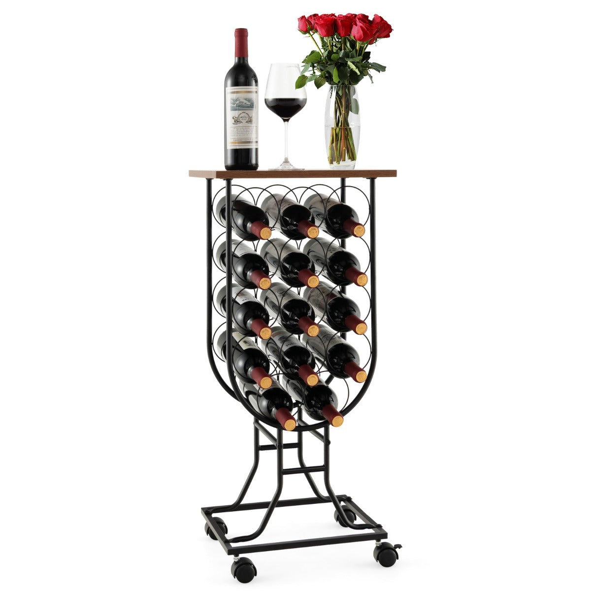 Garrafeira para 14 Garrafas de Vinho com Rodas Removíveis e Traváveis 38 x 30 x 82 cm Castanho e Preto