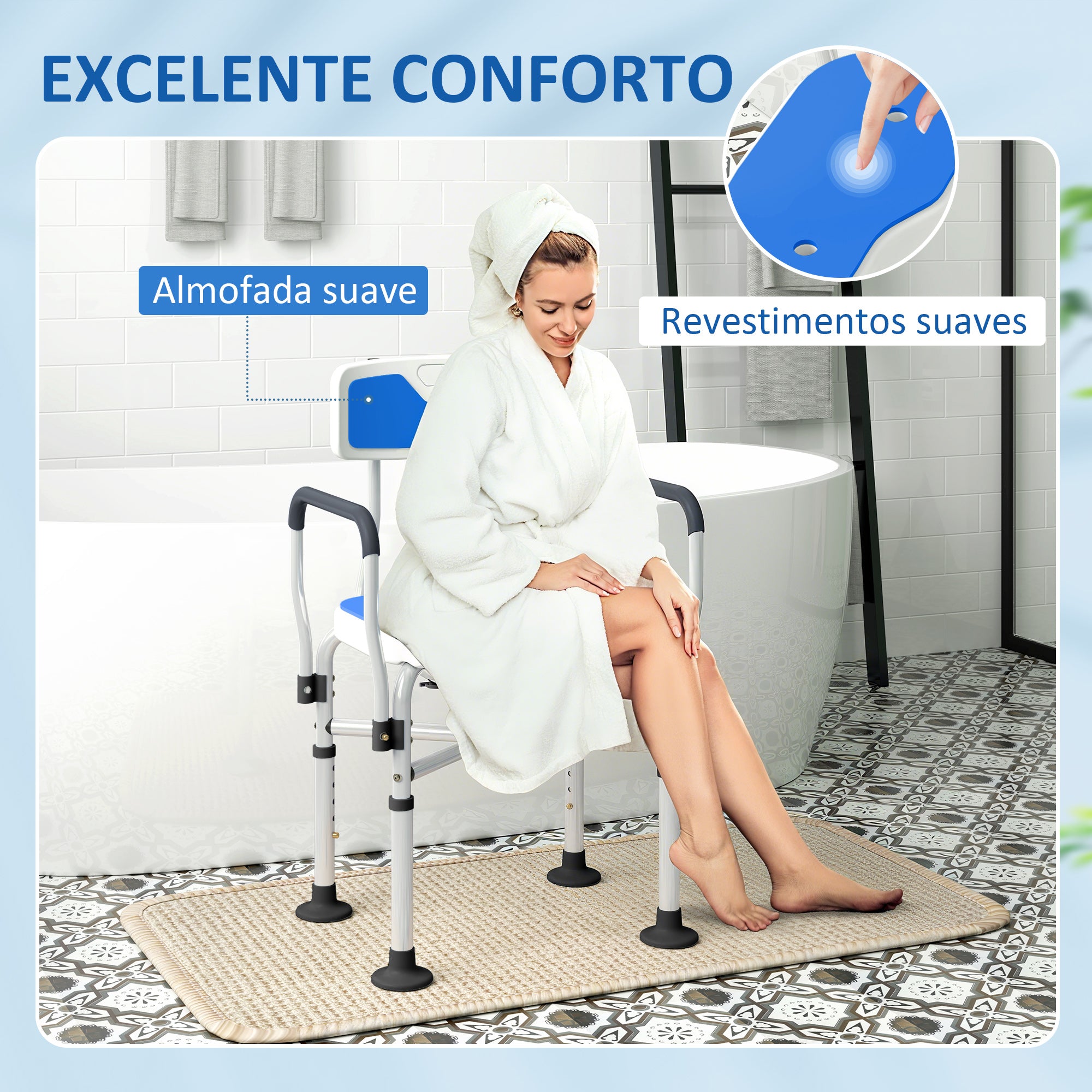 Banco de Duche para Pessoas Idosas com Assento Ranhurado Azul 53x41,5x78,5-91,5 cm