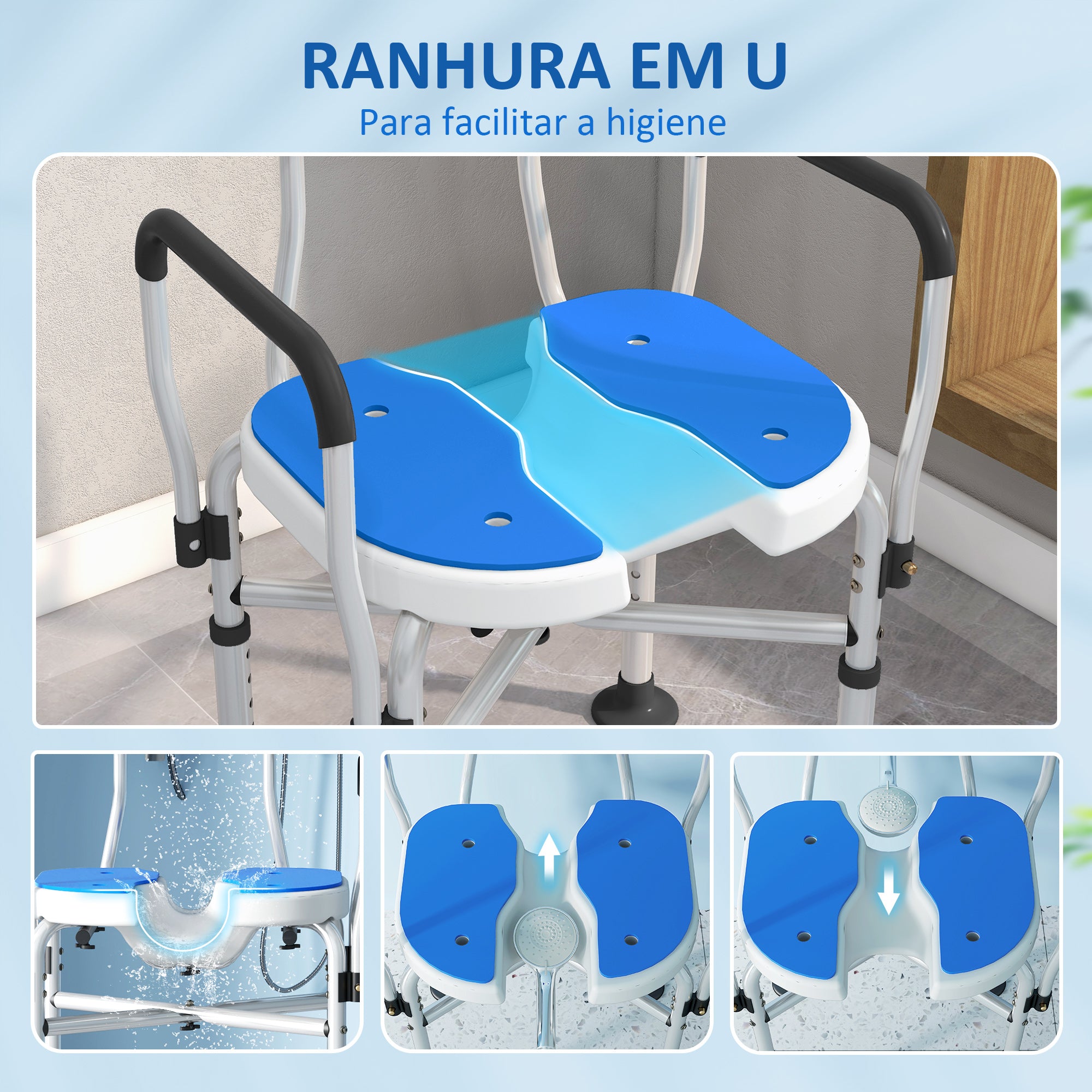 Banco de Duche para Pessoas Idosas com Assento Ranhurado Azul 53x41,5x78,5-91,5 cm