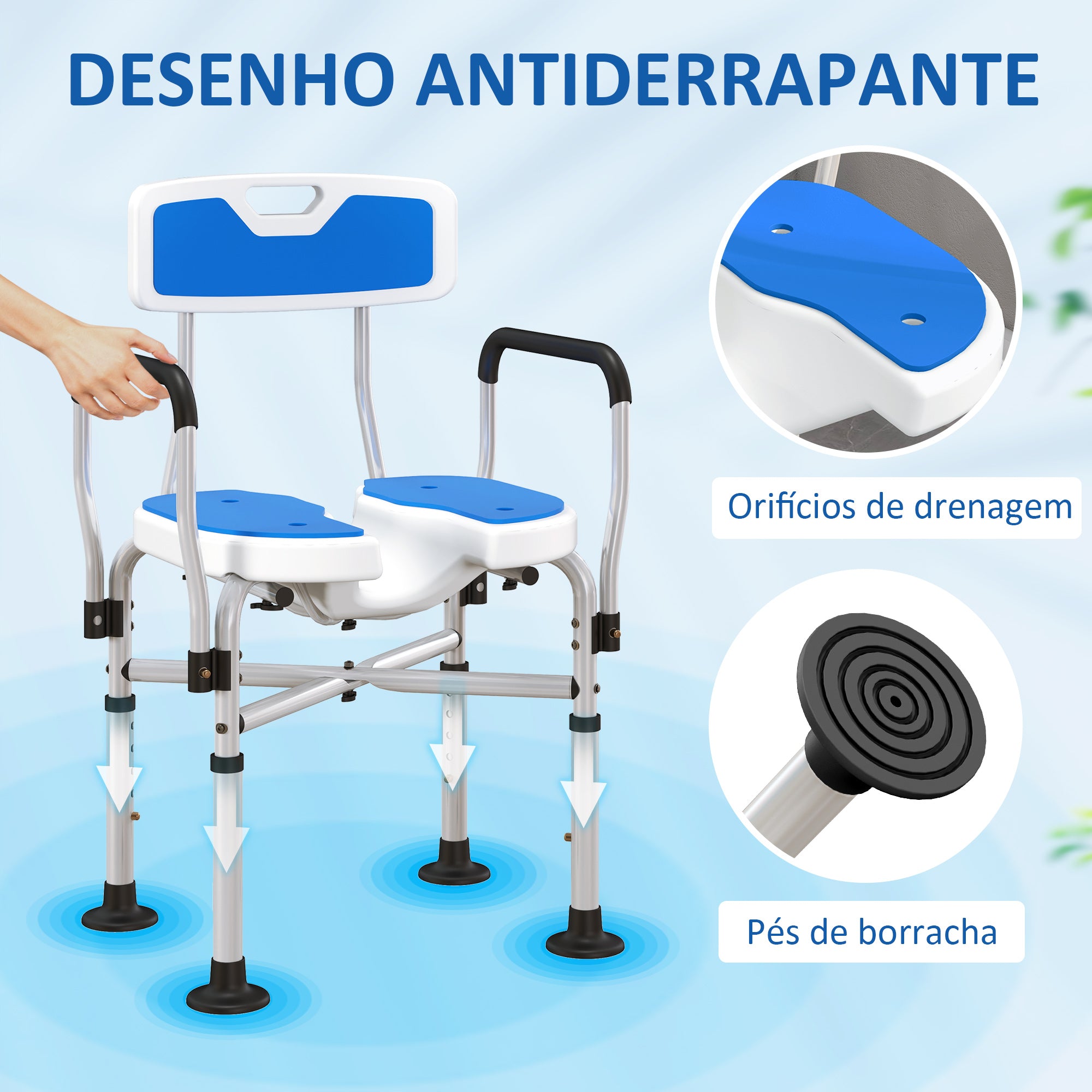 Banco de Duche para Pessoas Idosas com Assento Ranhurado Azul 53x41,5x78,5-91,5 cm