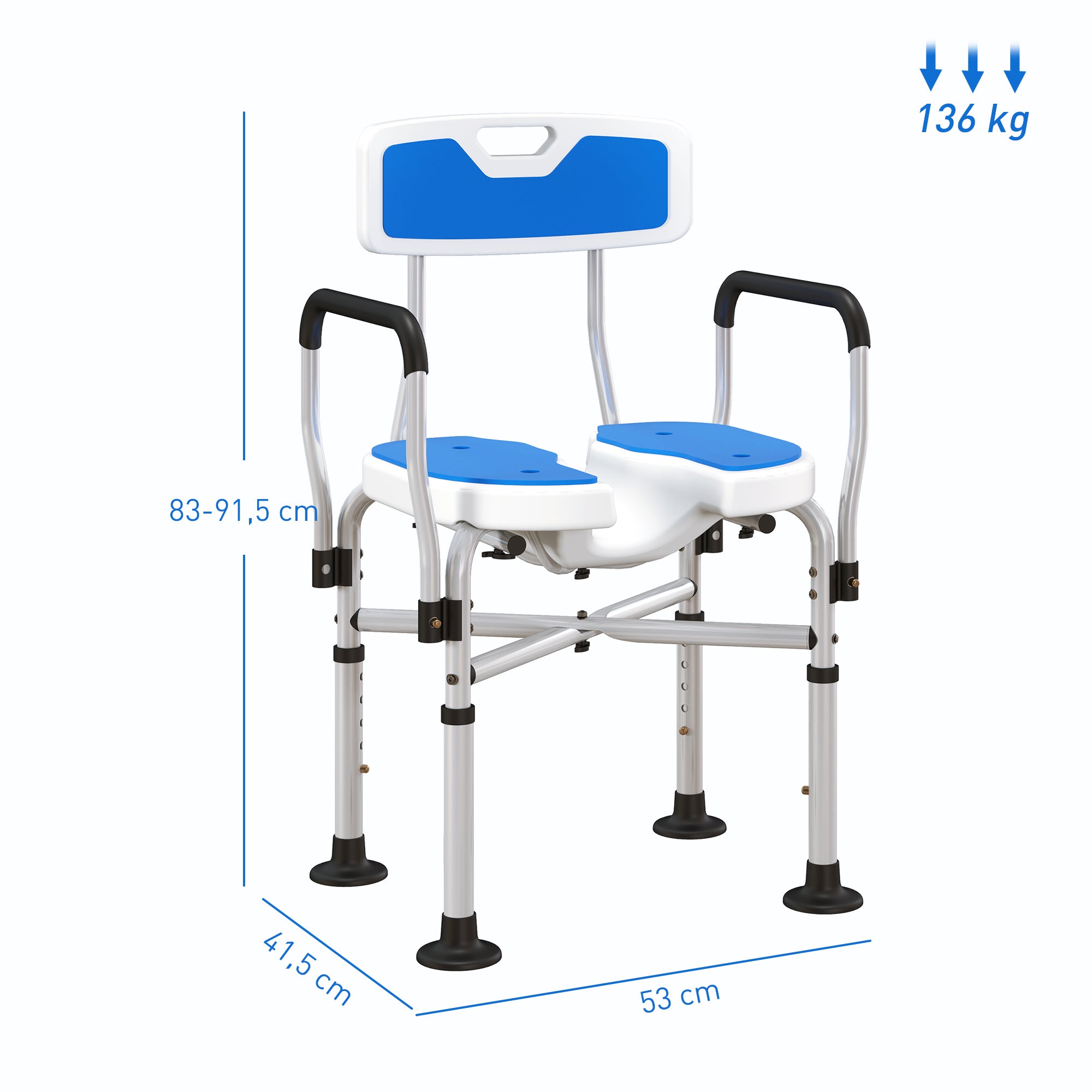 Banco de Duche para Pessoas Idosas com Assento Ranhurado Azul 53x41,5x78,5-91,5 cm