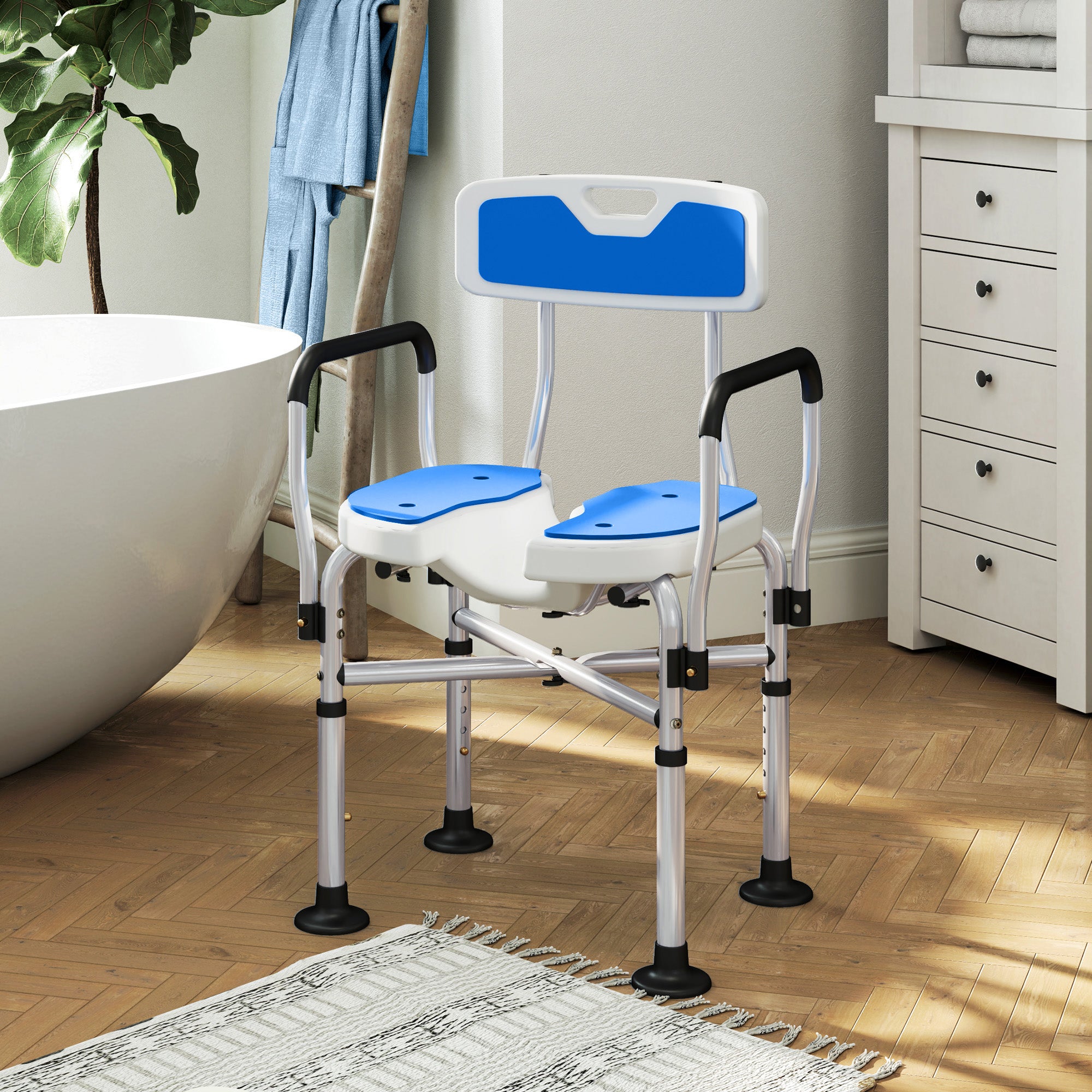 Banco de Duche para Pessoas Idosas com Assento Ranhurado Azul 53x41,5x78,5-91,5 cm