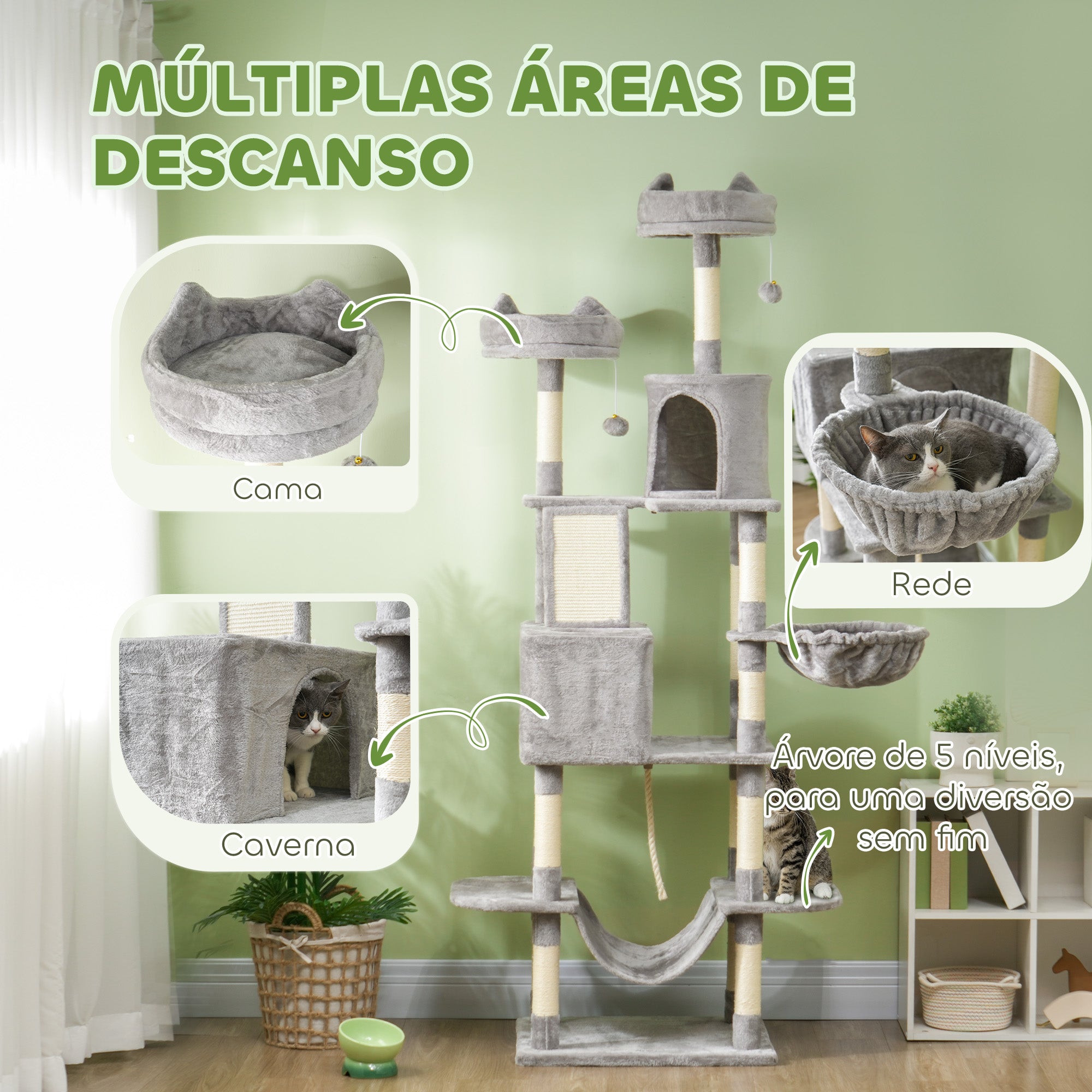 Arranhador para Gatos Grande Cinza Claro - Medidas 60x50x206 cm