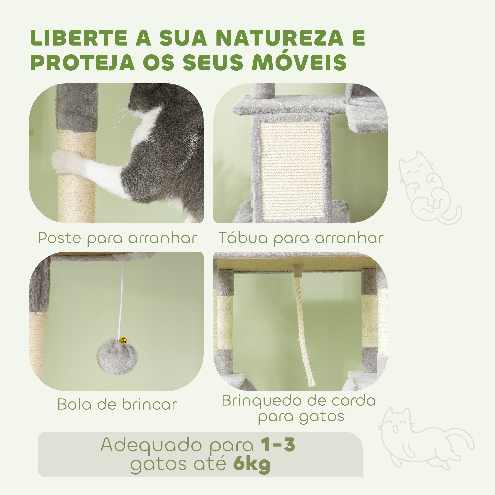 Arranhador para Gatos Grande Cinza Claro - Medidas 60x50x206 cm