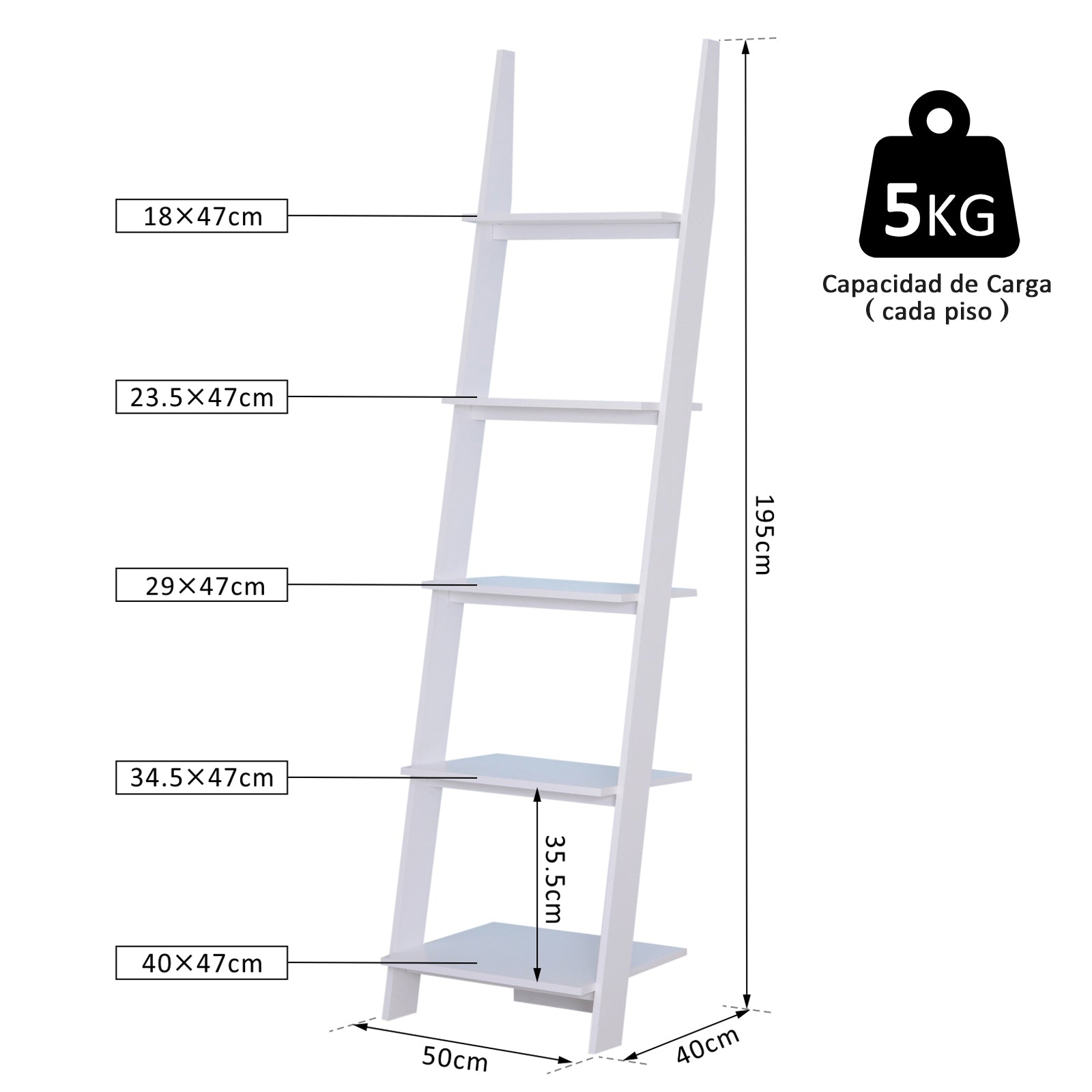 Estante em Forma de Escada com 5 Prateleiras Branco 50x40x195 cm