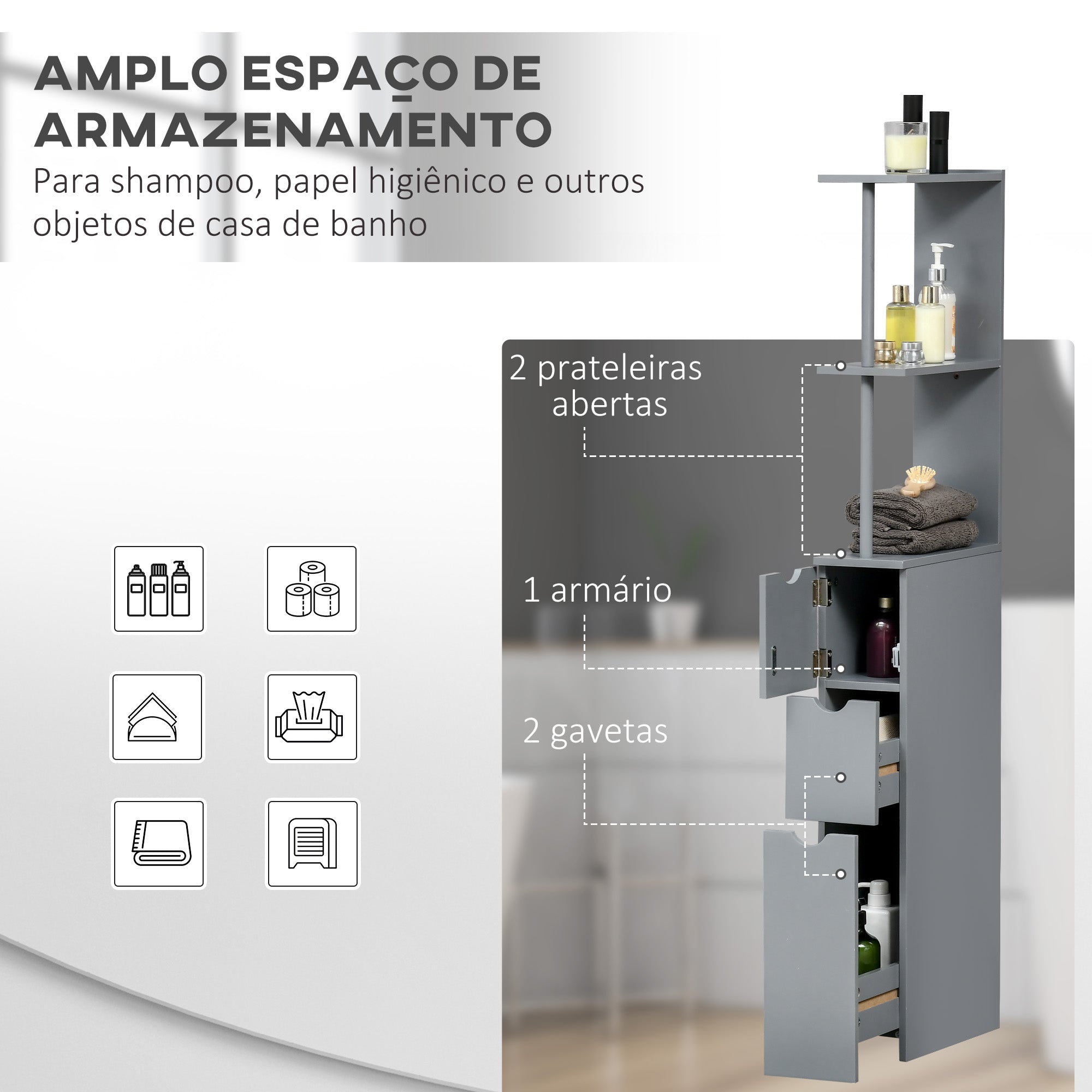 Coluna Casa de Banho Moderna Cinzenta 15x33x136,5 cm | Armário Compacto com 2 Prateleiras e 2 Gavetas