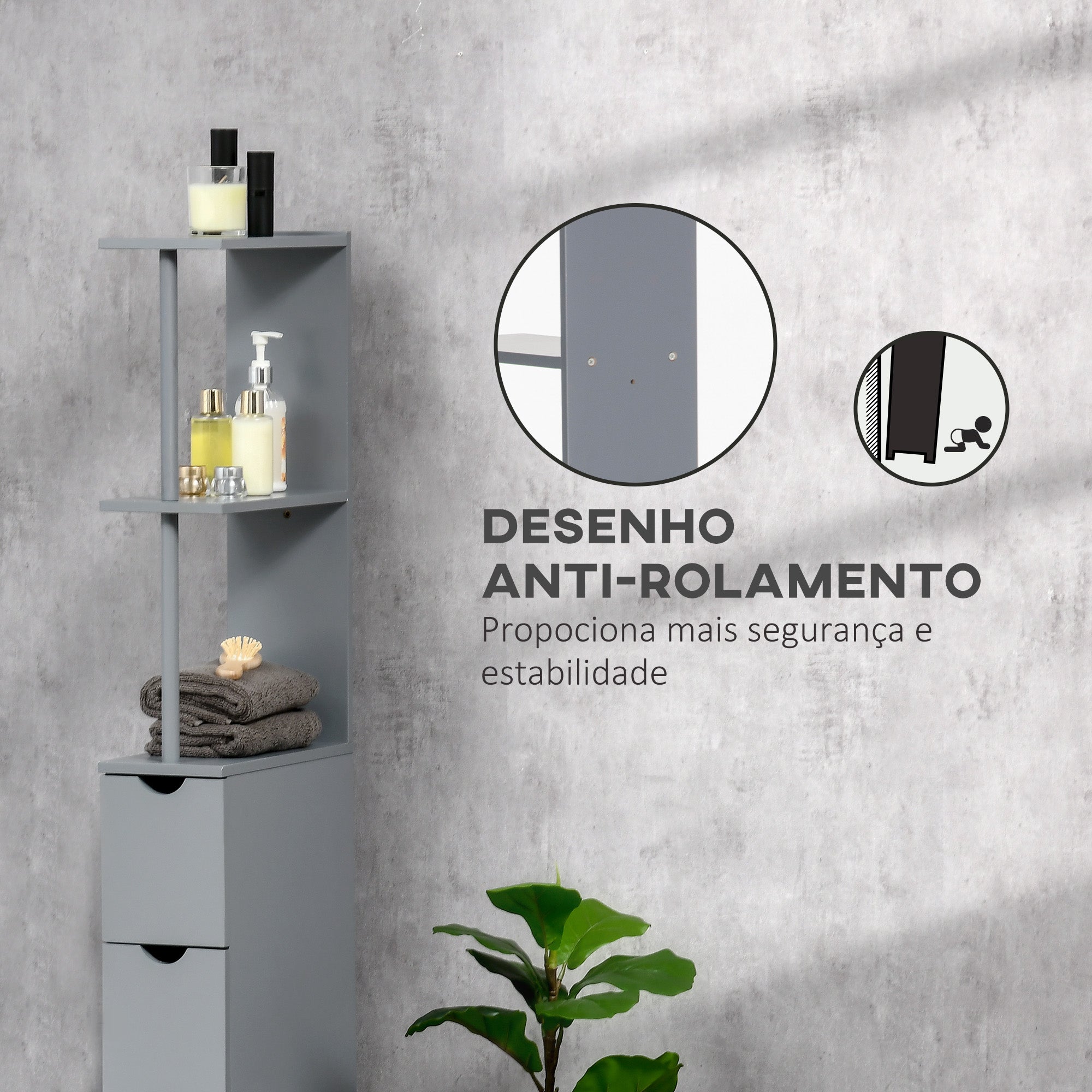 Coluna Casa de Banho Moderna Cinzenta 15x33x136,5 cm | Armário Compacto com 2 Prateleiras e 2 Gavetas