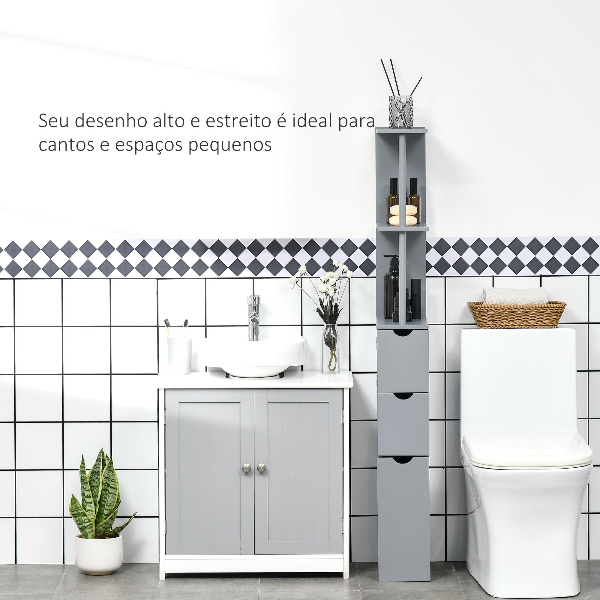 Coluna Casa de Banho Moderna Cinzenta 15x33x136,5 cm | Armário Compacto com 2 Prateleiras e 2 Gavetas