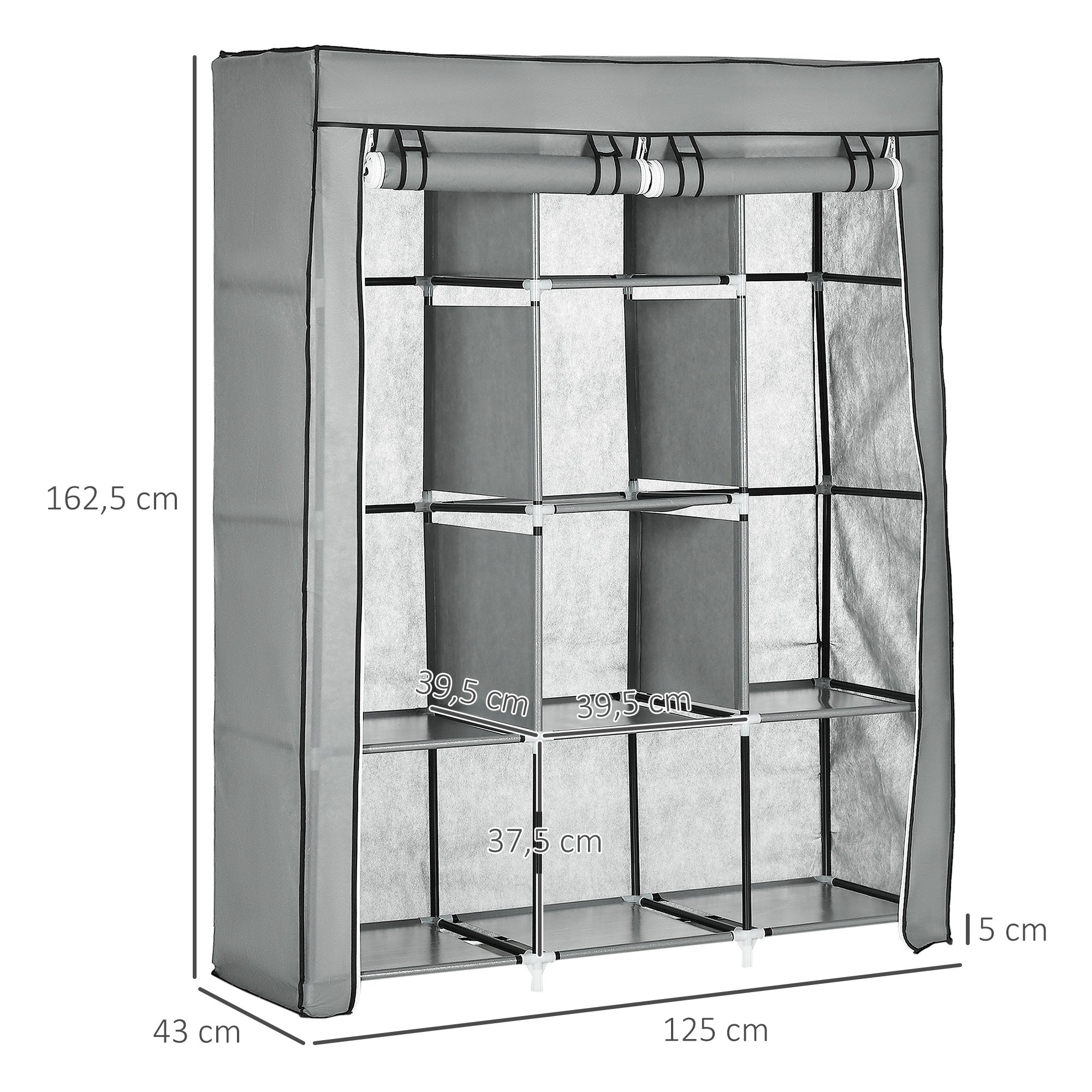 Roupeiro de Tecido Dobrável com 8 Prateleiras - 125x43x162,5cm (Cinza Claro)
