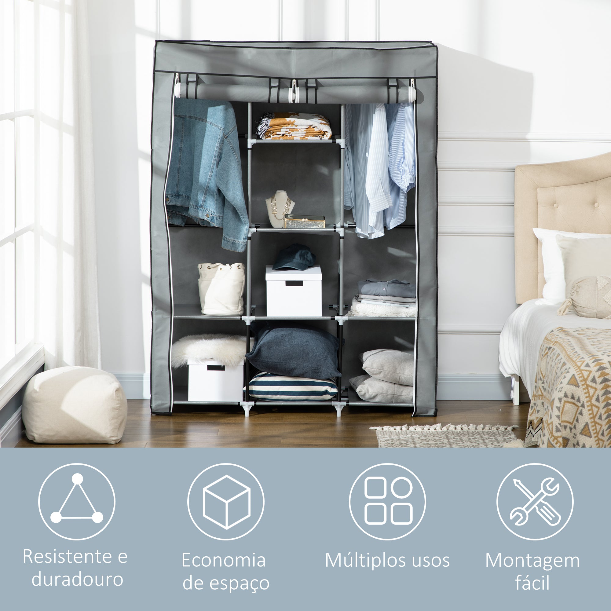 Roupeiro de Tecido Dobrável com 8 Prateleiras - 125x43x162,5cm (Cinza Claro)