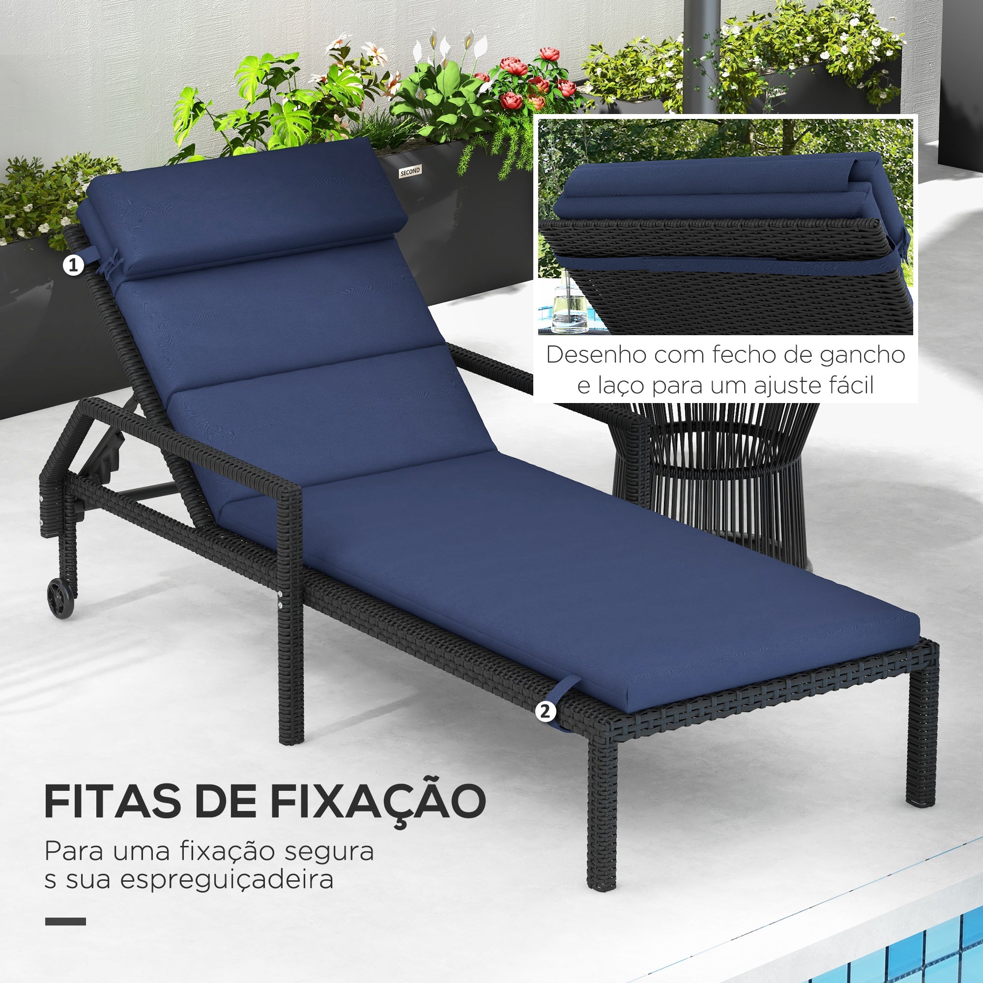 Almofada para Espreguiçadeira 196x63x6 cm em Azul