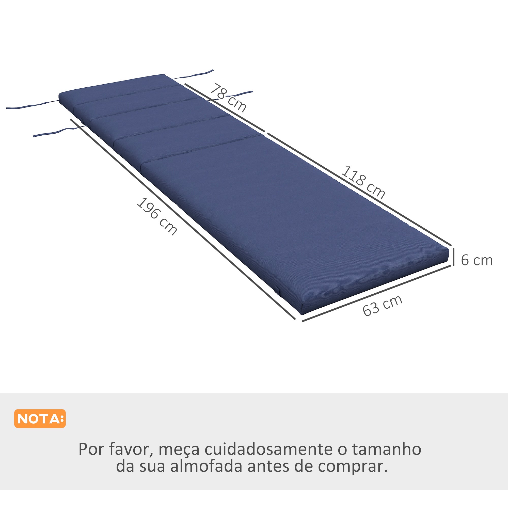 Almofada para Espreguiçadeira 196x63x6 cm em Azul