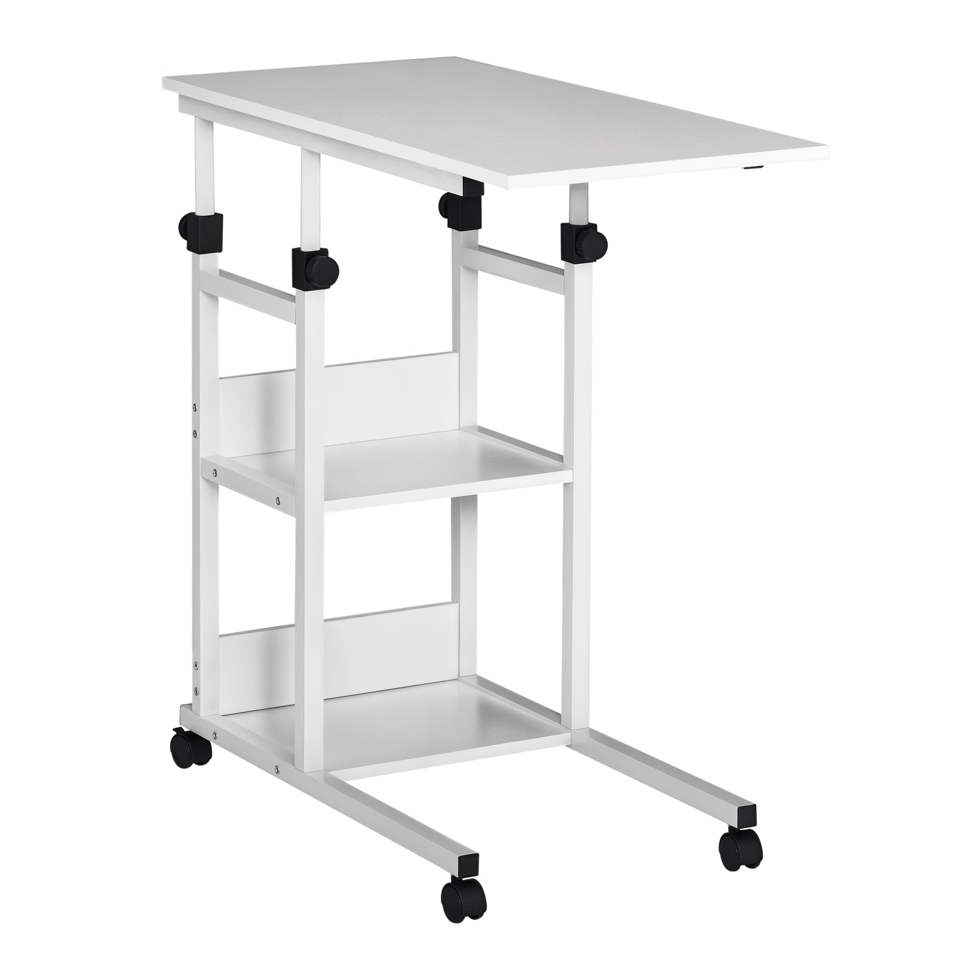 Mesa Lateral em Forma de C com 4 Rodas Giratórias e Altura Ajustável 80x40x72-82cm Branco