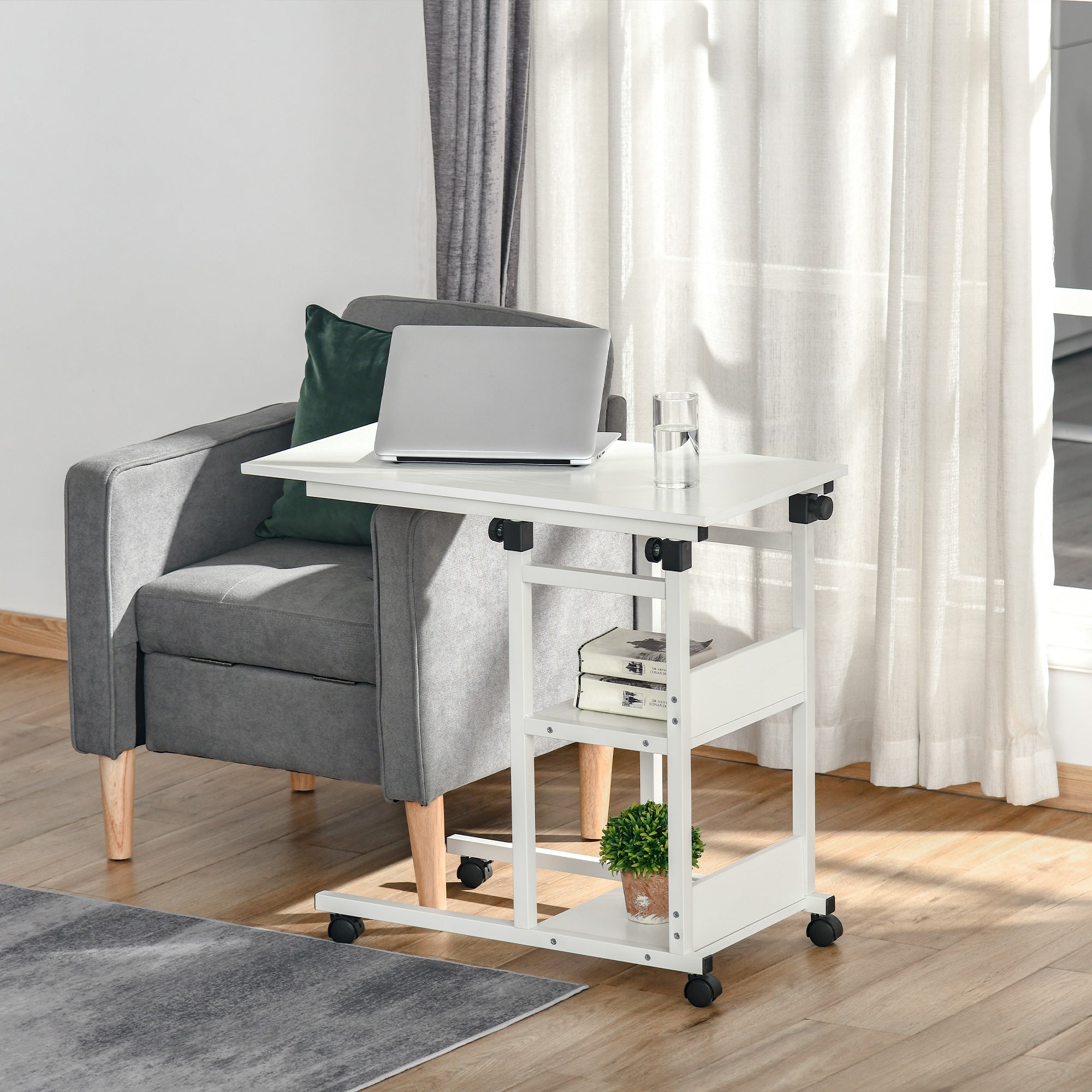 Mesa Lateral em Forma de C com 4 Rodas Giratórias e Altura Ajustável 80x40x72-82cm Branco