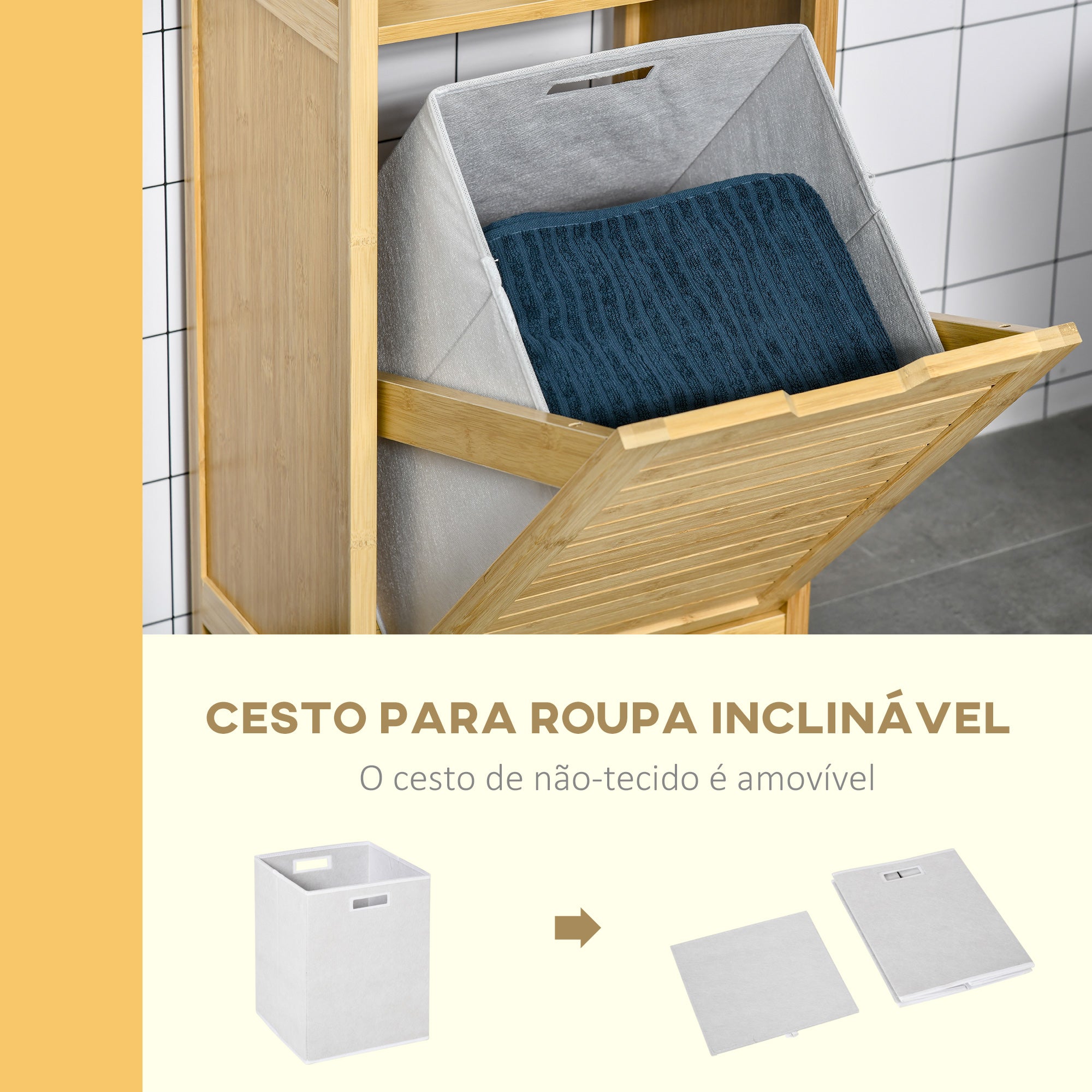 Cesto para Roupa de Bambú com 2 Prateleiras e Cesta Removível 40x30x86.5 Natural