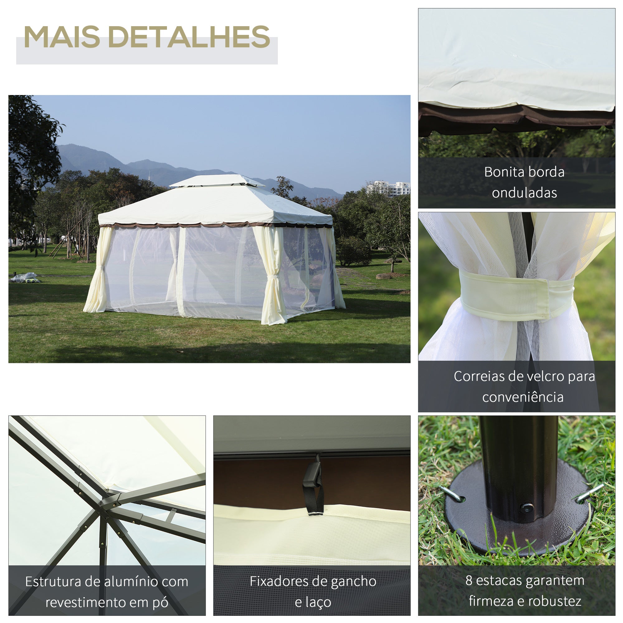 Pérgola de Jardim Branca 390x290 cm com Teto Ventilado e Cortinas Laterais