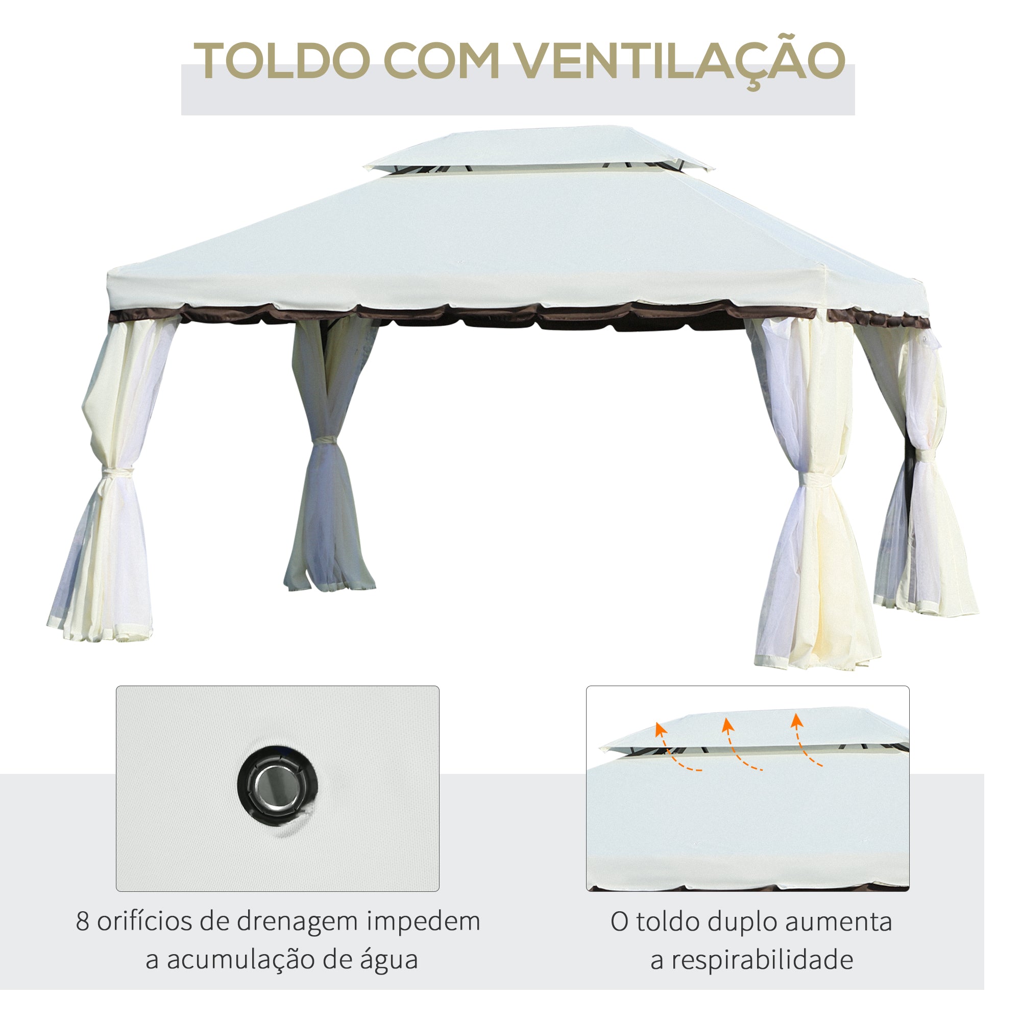 Pérgola de Jardim Branca 390x290 cm com Teto Ventilado e Cortinas Laterais