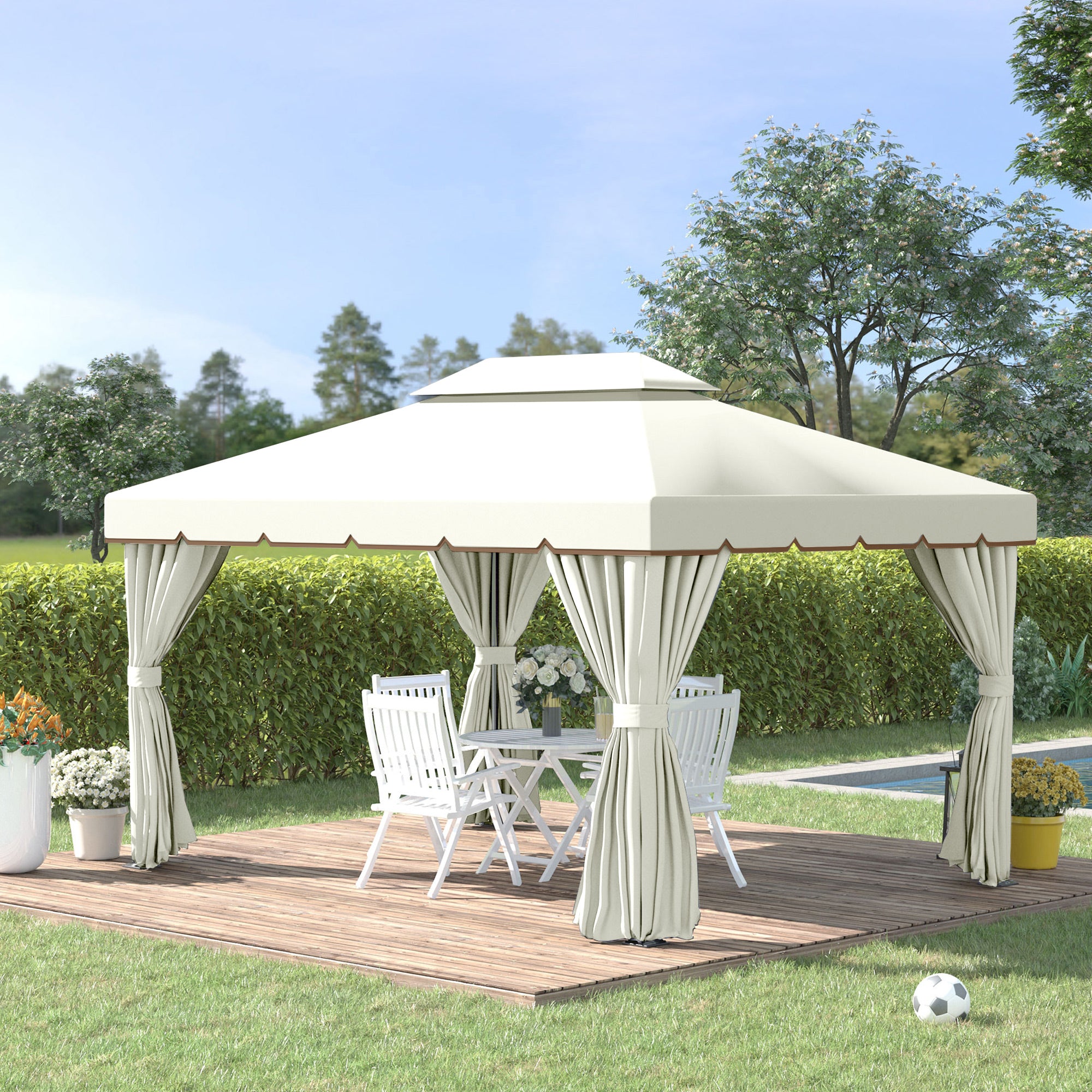 Pérgola de Jardim Branca 390x290 cm com Teto Ventilado e Cortinas Laterais