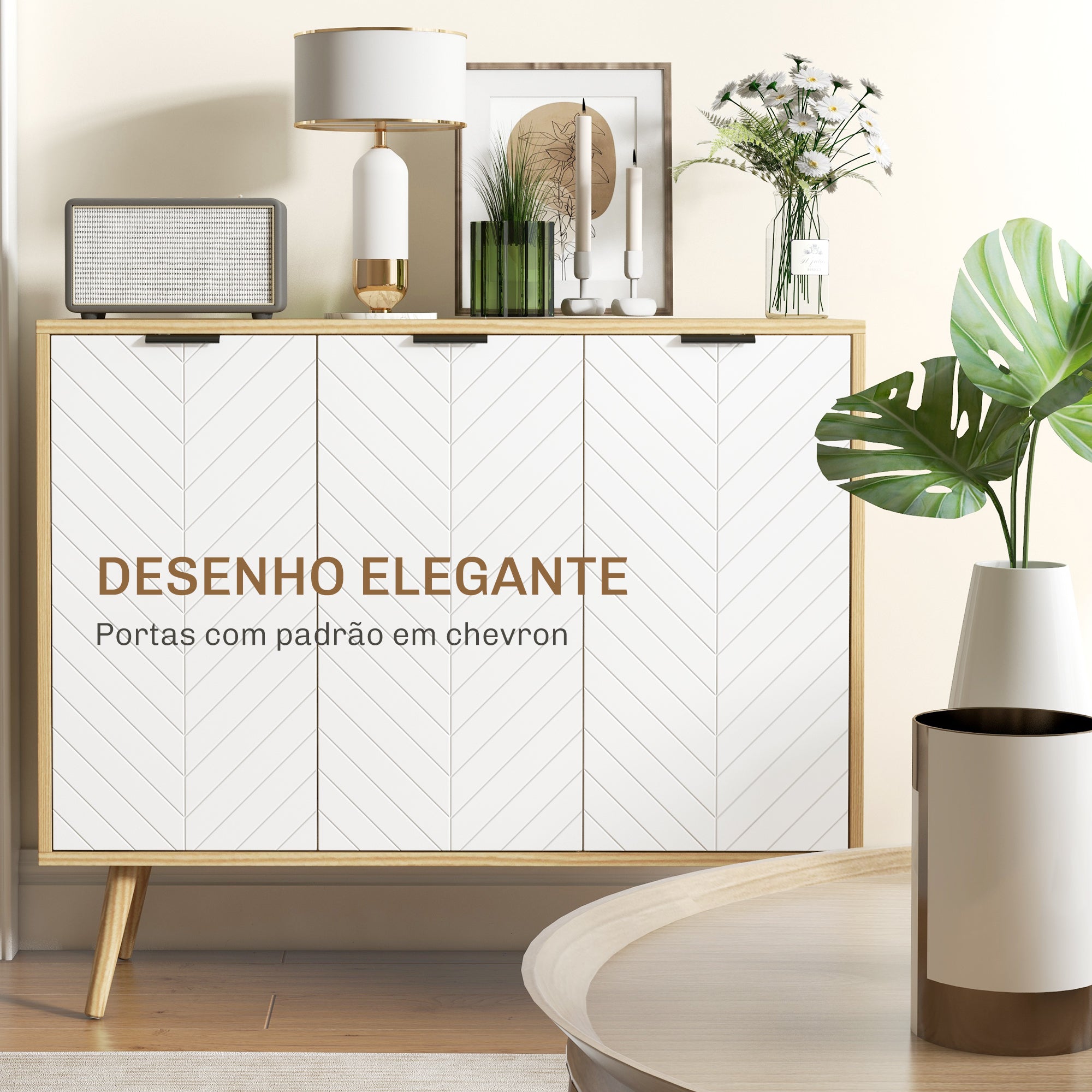 Aparador Moderno com Prateleiras Ajustáveis 91,5x35x77,4 cm - Branco e Madeira