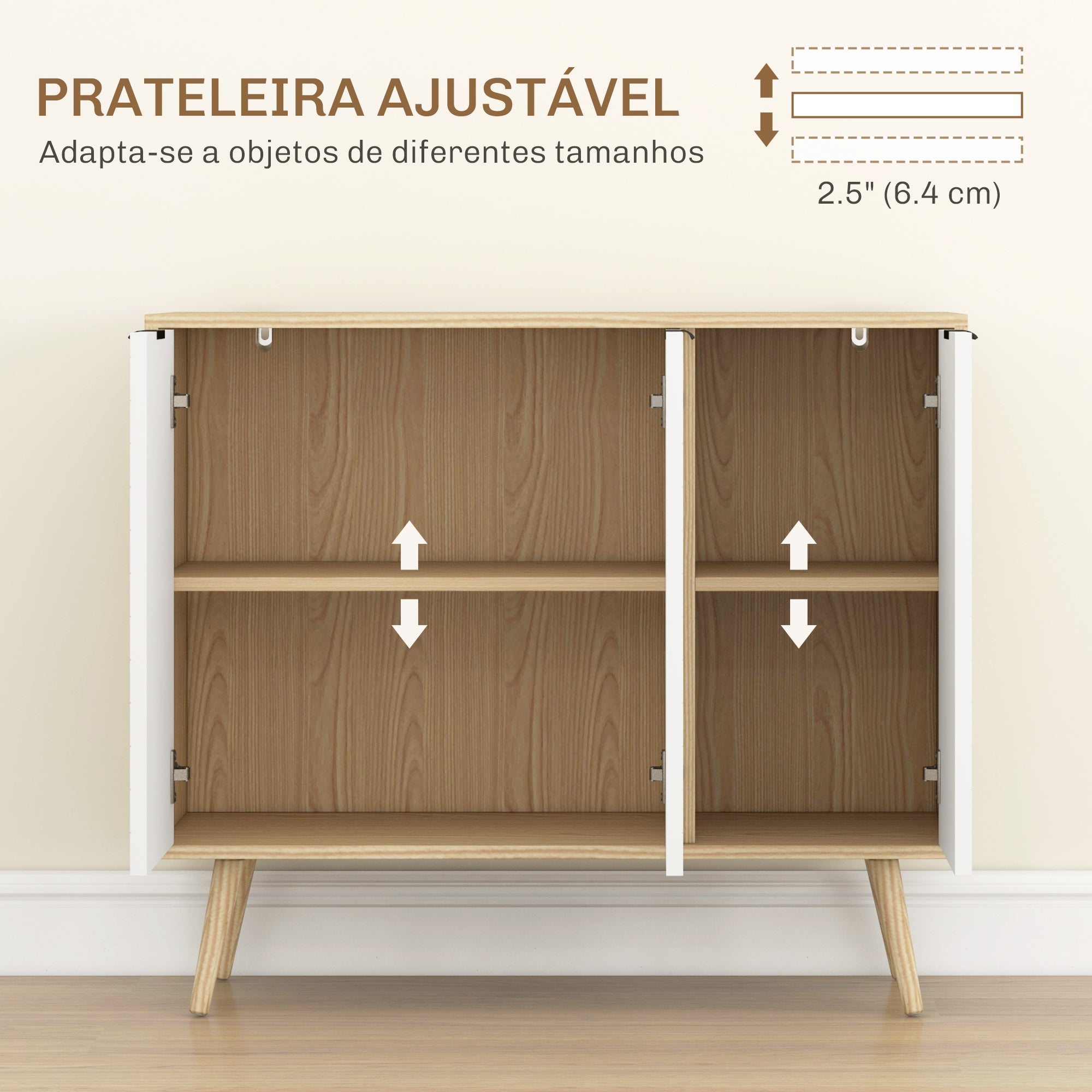 Aparador Moderno com Prateleiras Ajustáveis 91,5x35x77,4 cm - Branco e Madeira