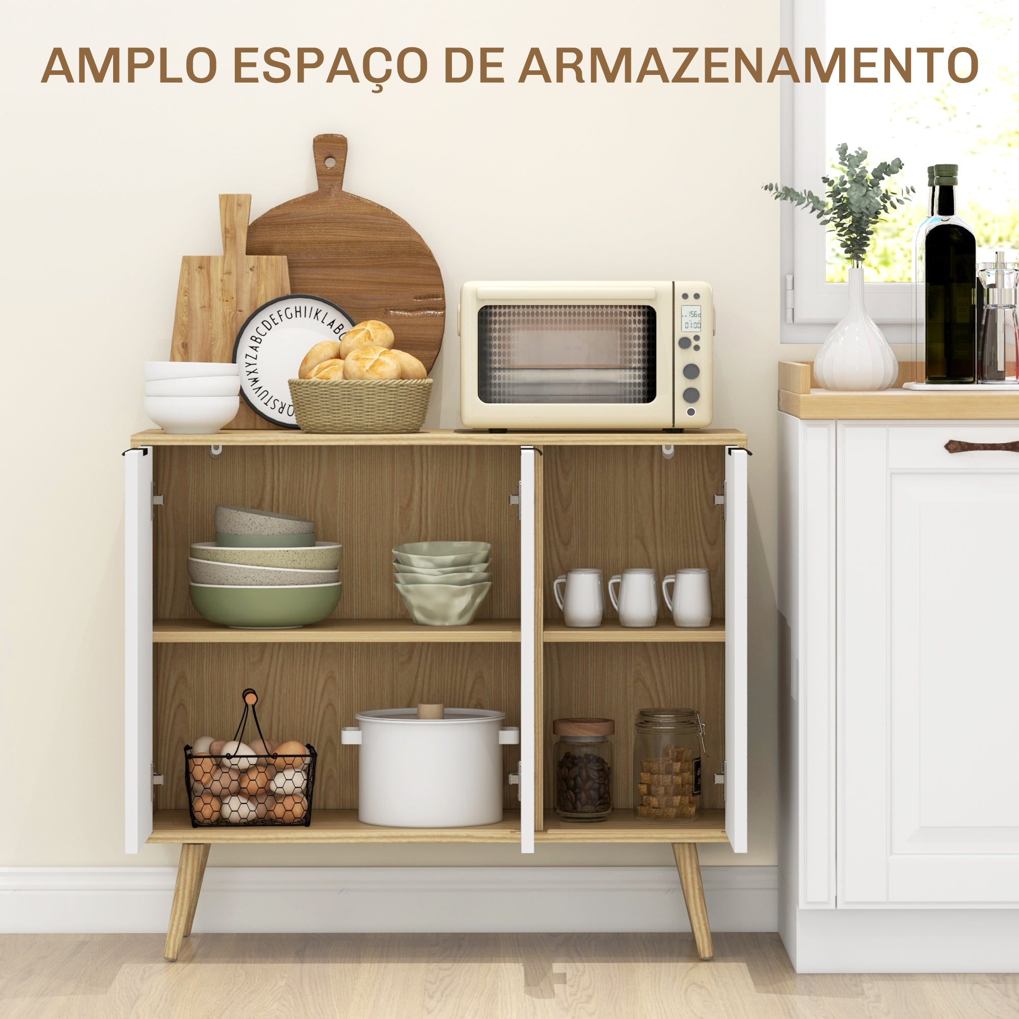 Aparador Moderno com Prateleiras Ajustáveis 91,5x35x77,4 cm - Branco e Madeira