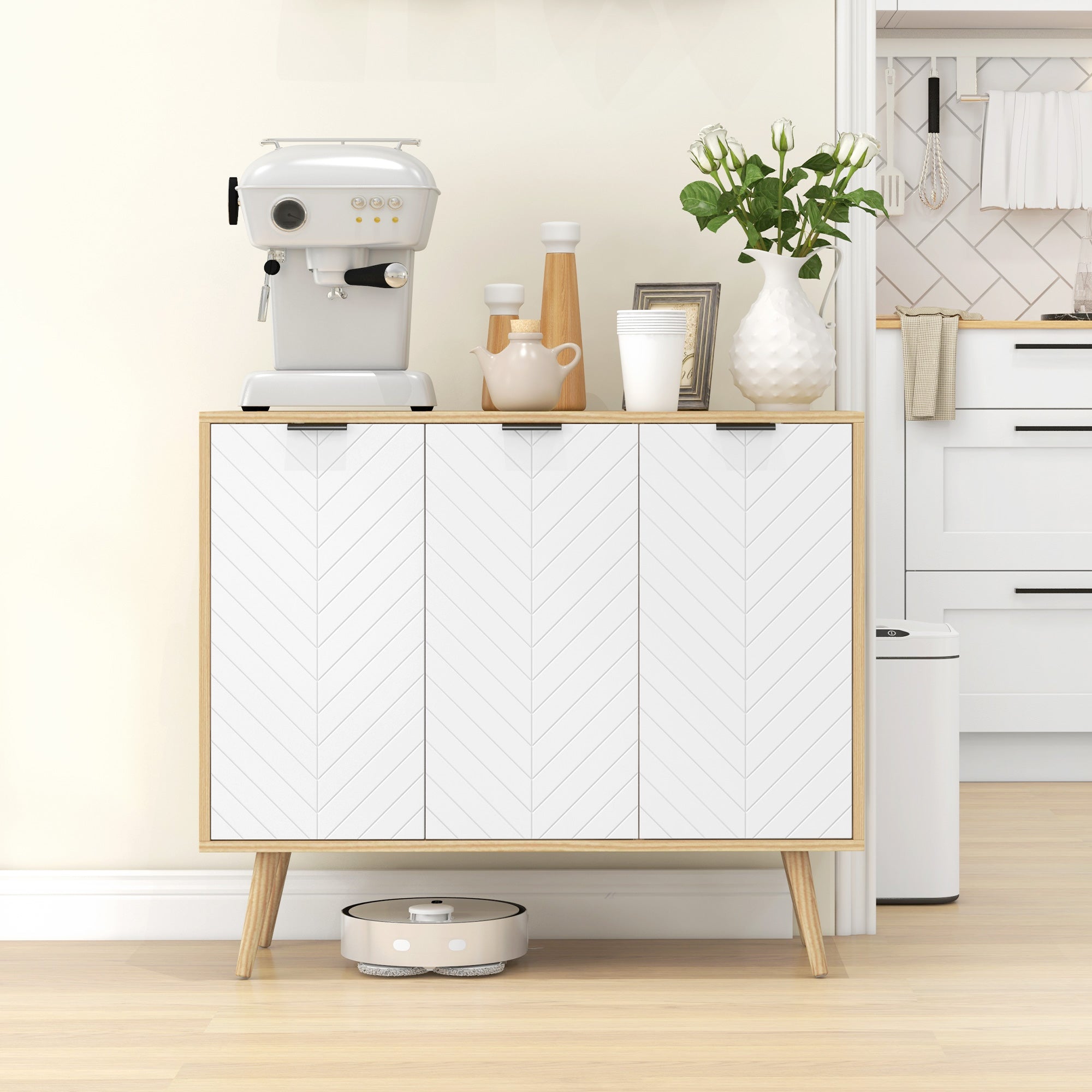 Aparador Moderno com Prateleiras Ajustáveis 91,5x35x77,4 cm - Branco e Madeira