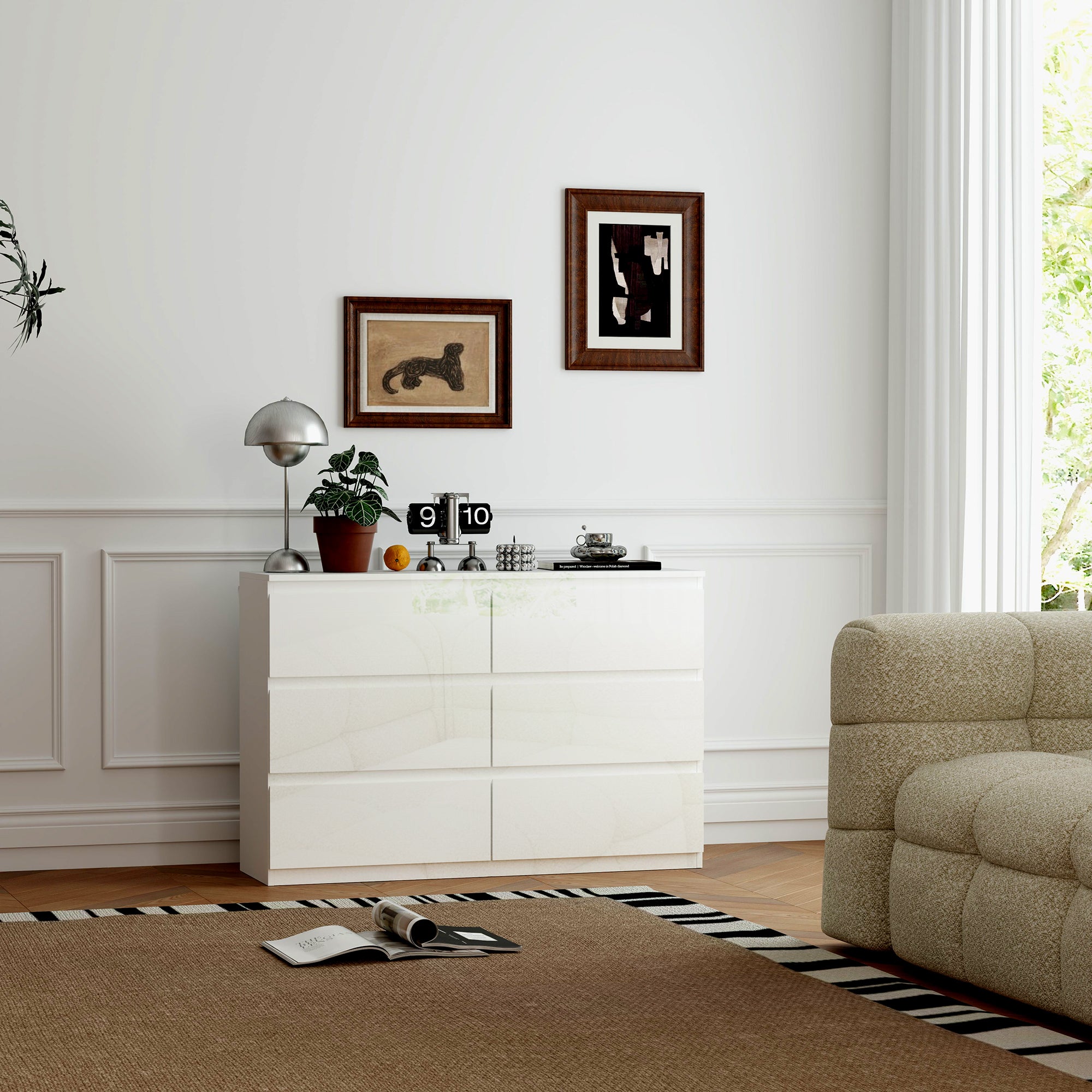 Cómoda Moderna de Madeira com 6 Gavetas - Branco Brilhante 112x34x75 cm
