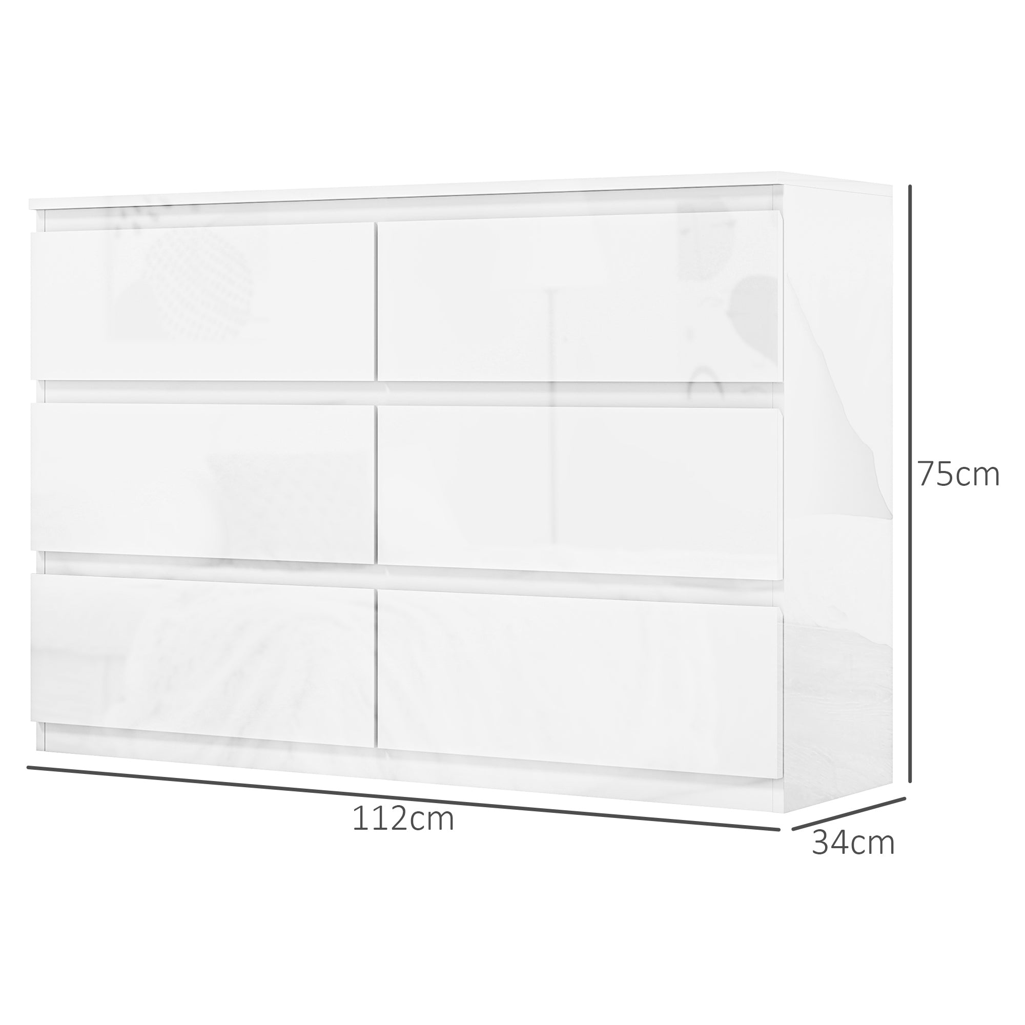 Cómoda Moderna de Madeira com 6 Gavetas - Branco Brilhante 112x34x75 cm