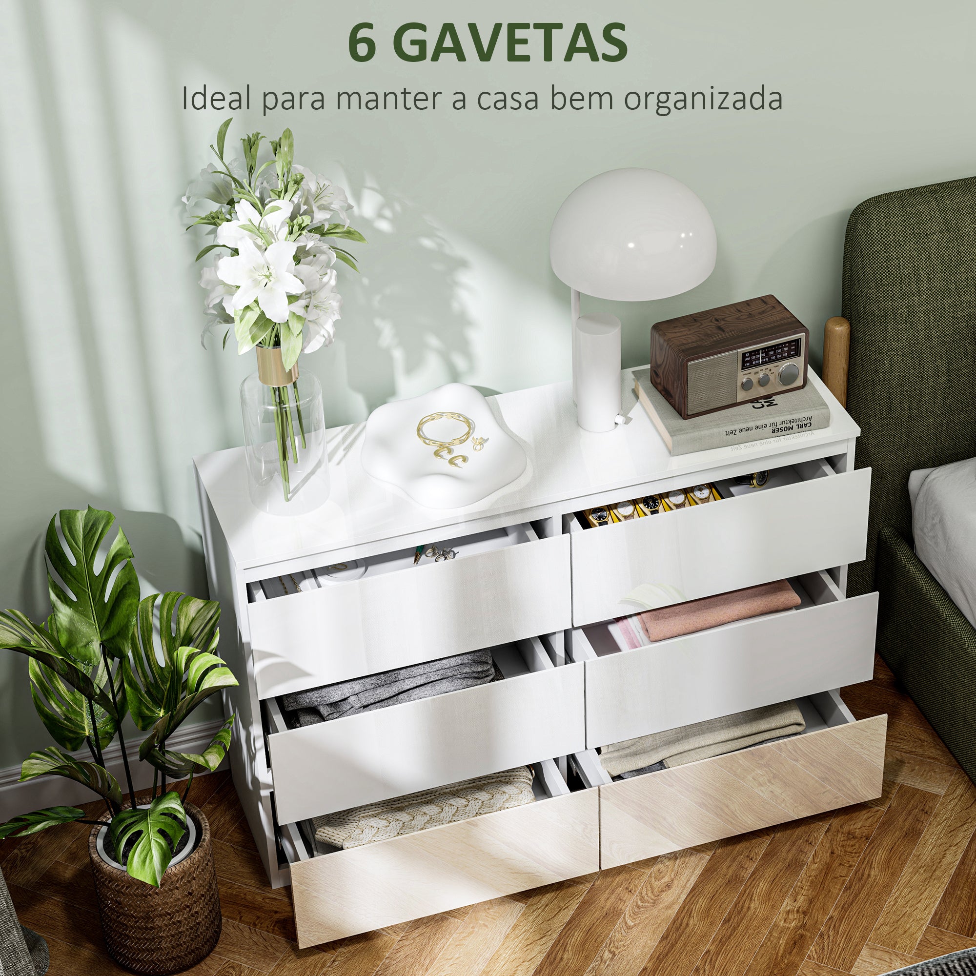 Cómoda Moderna de Madeira com 6 Gavetas - Branco Brilhante 112x34x75 cm
