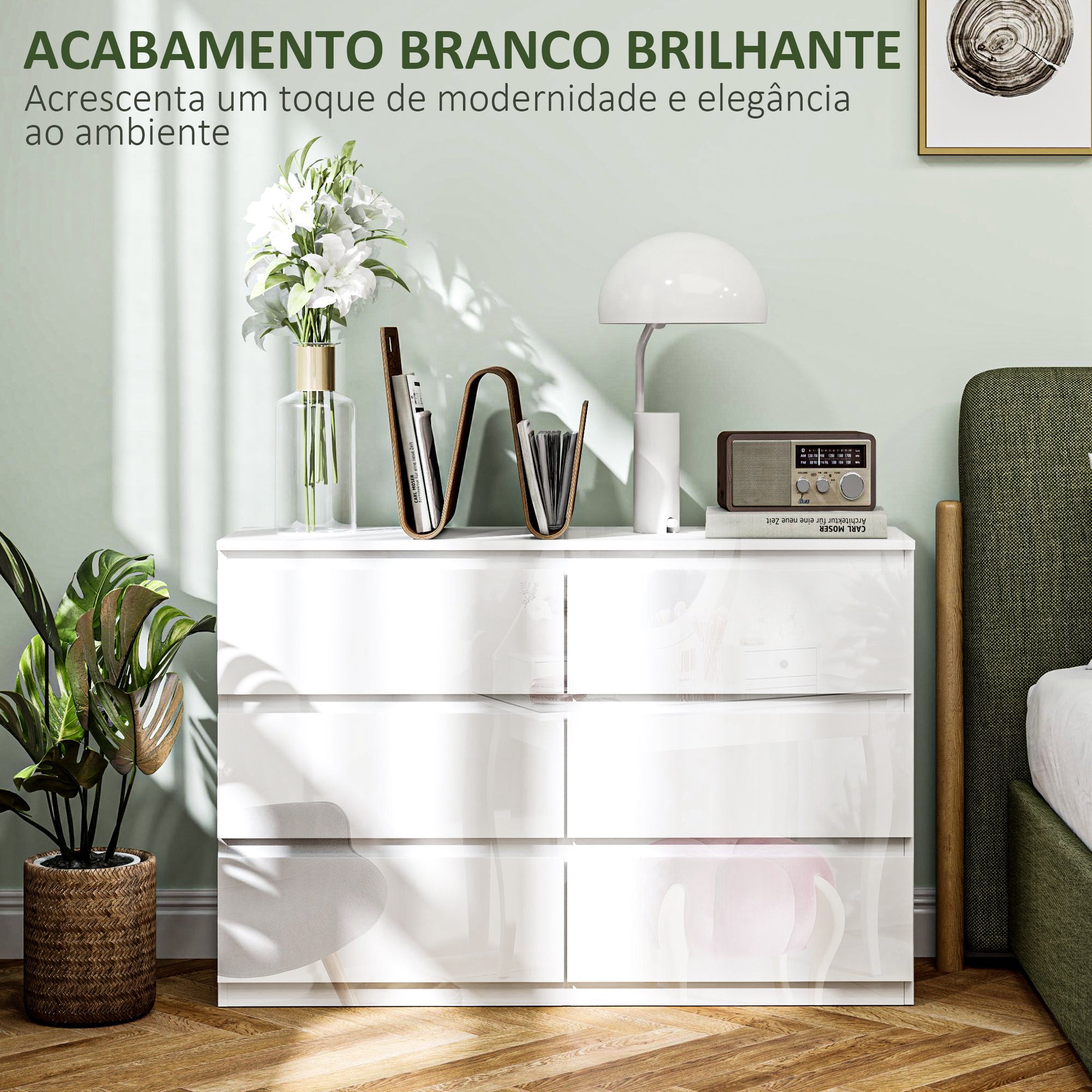 Cómoda Moderna de Madeira com 6 Gavetas - Branco Brilhante 112x34x75 cm