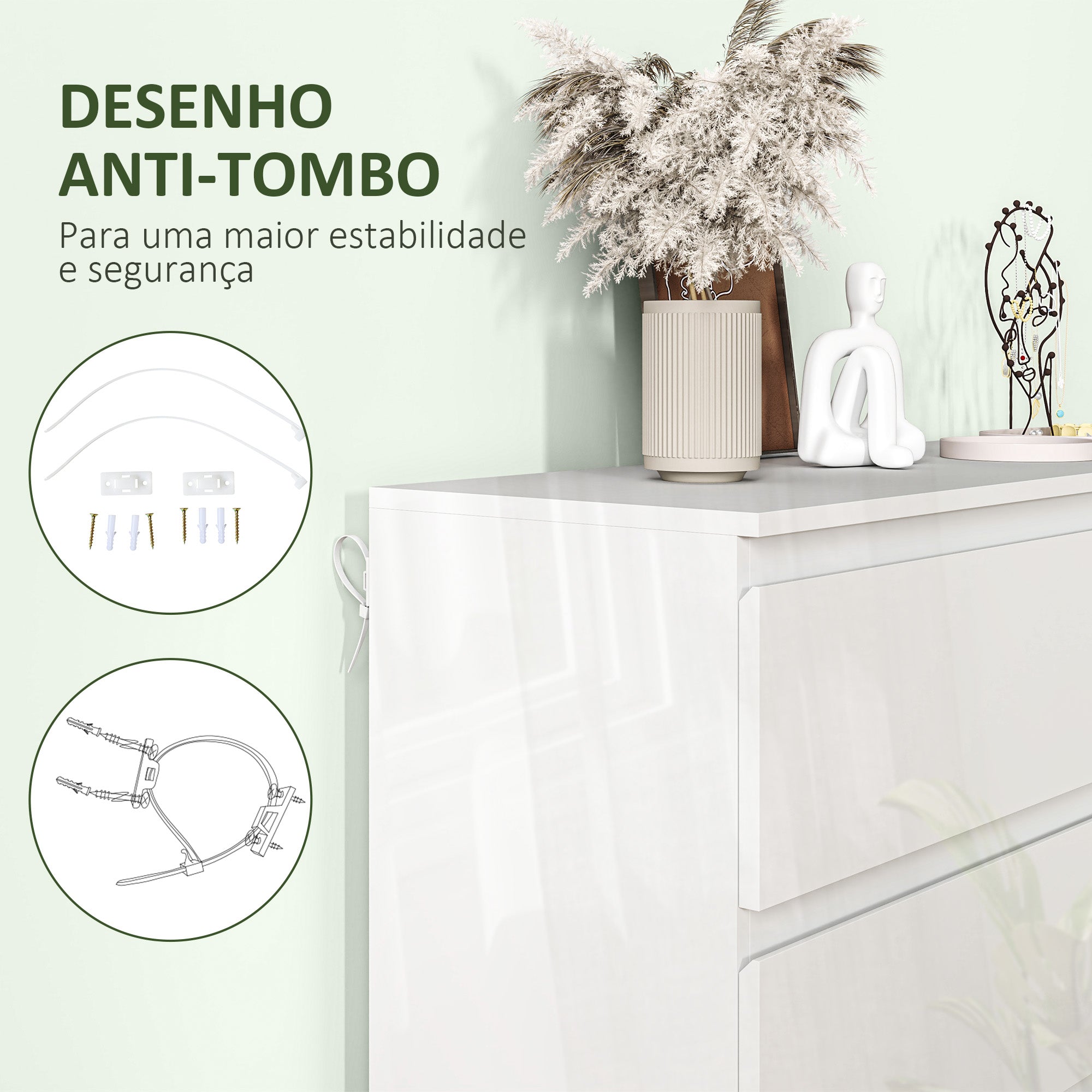 Cómoda Moderna de Madeira com 6 Gavetas - Branco Brilhante 112x34x75 cm
