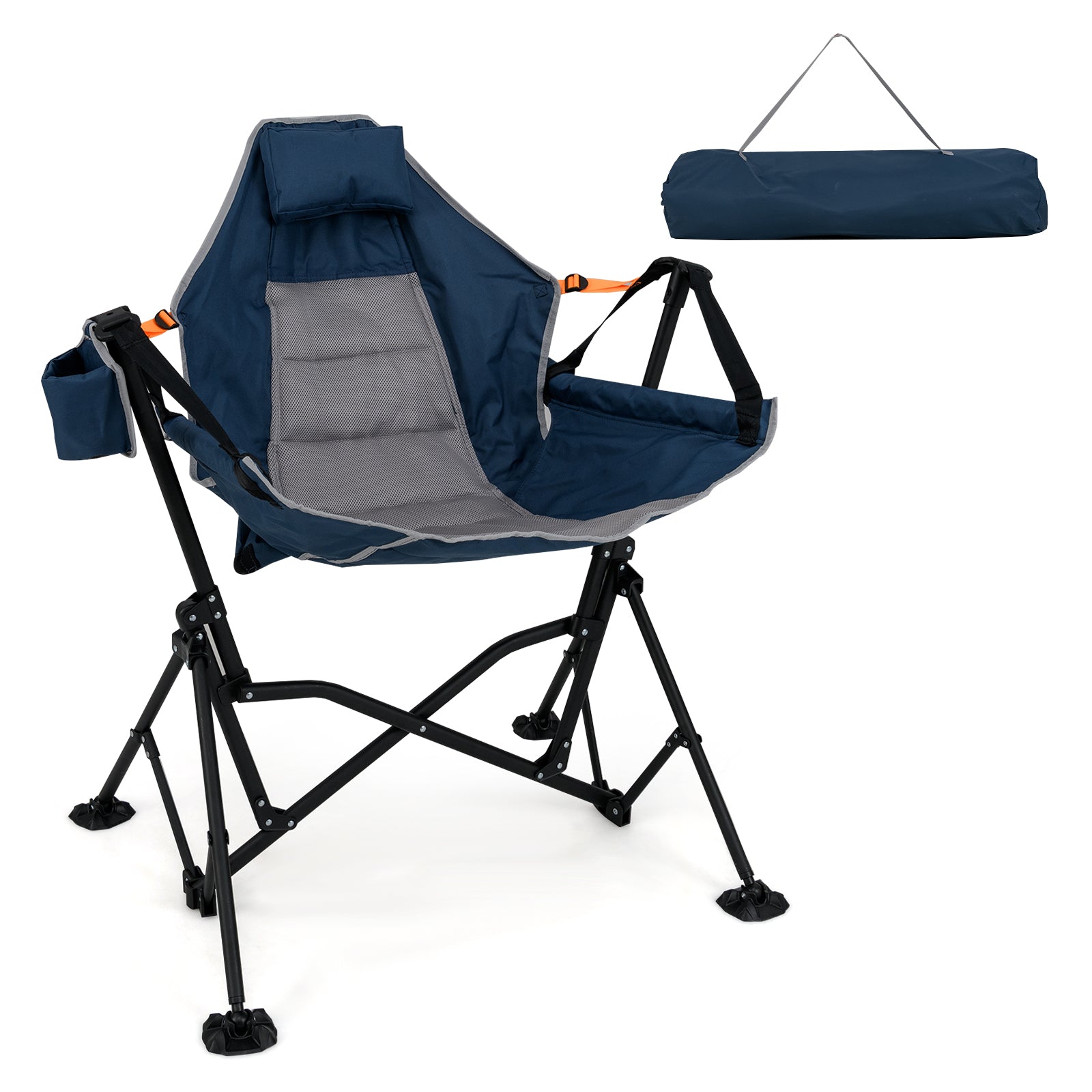 Cadeira de Rede de Campismo com Encosto Ajustável Apoio de Cabeça Assento Acolchoado para Relvado Piquenique Pesca 88 x 71 x 90 cm Azul e Cinzento
