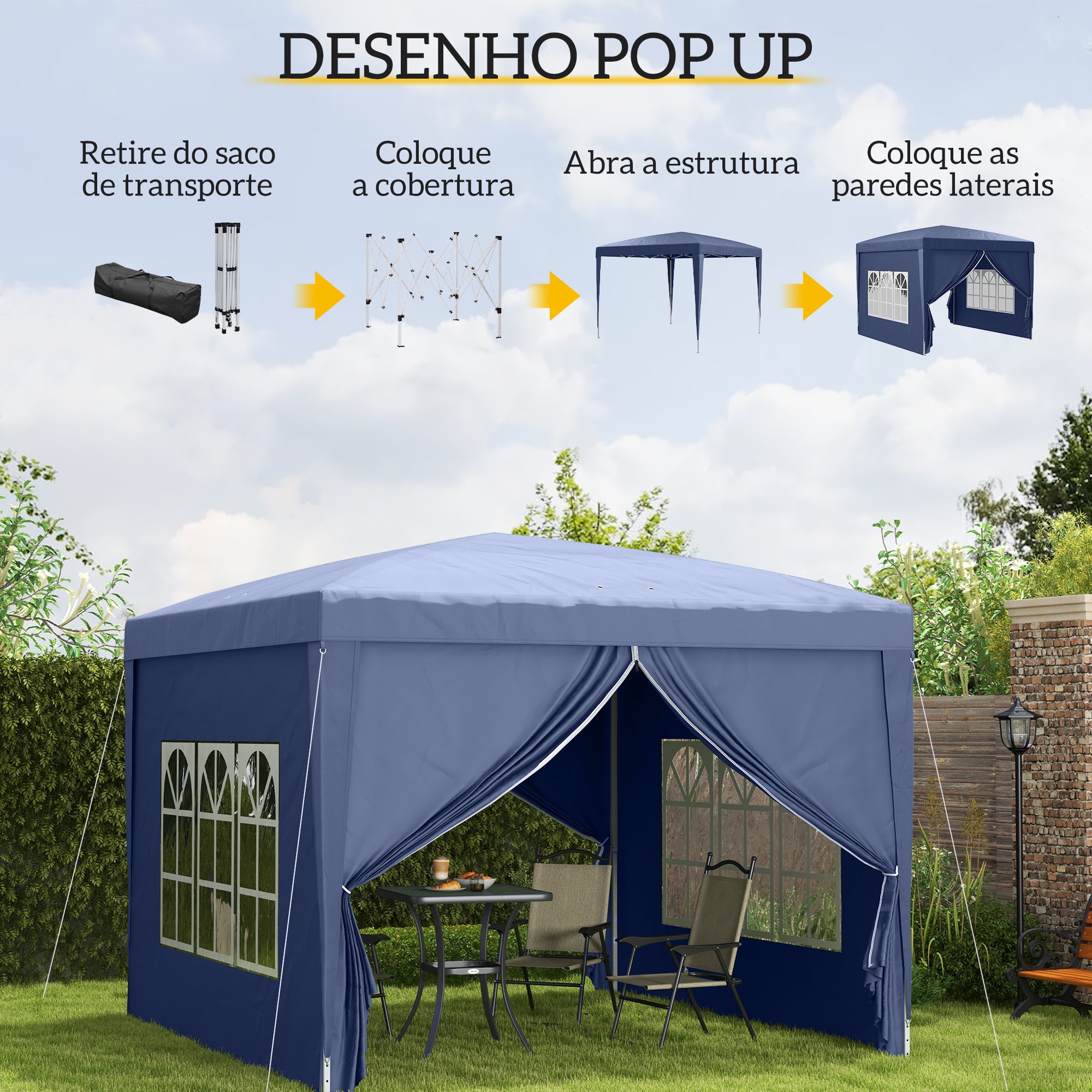 Tenda de Jardim – 295x295x195-258 cm – Azul – Aço e Tecido Oxford