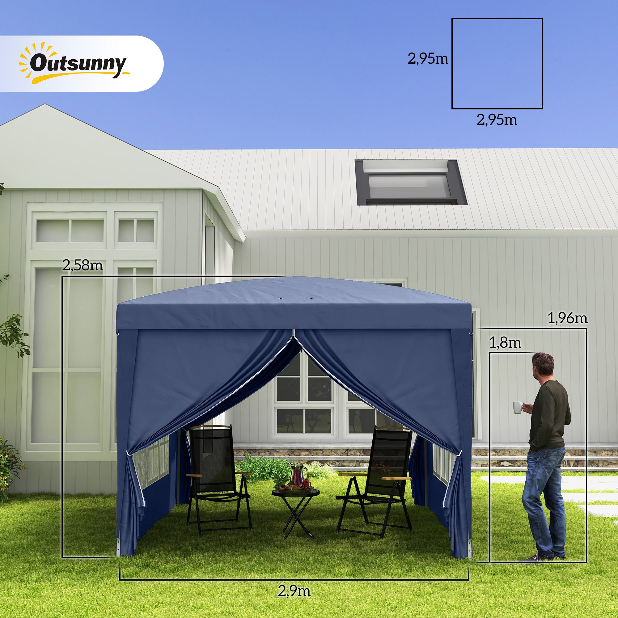 Tenda de Jardim – 295x295x195-258 cm – Azul – Aço e Tecido Oxford