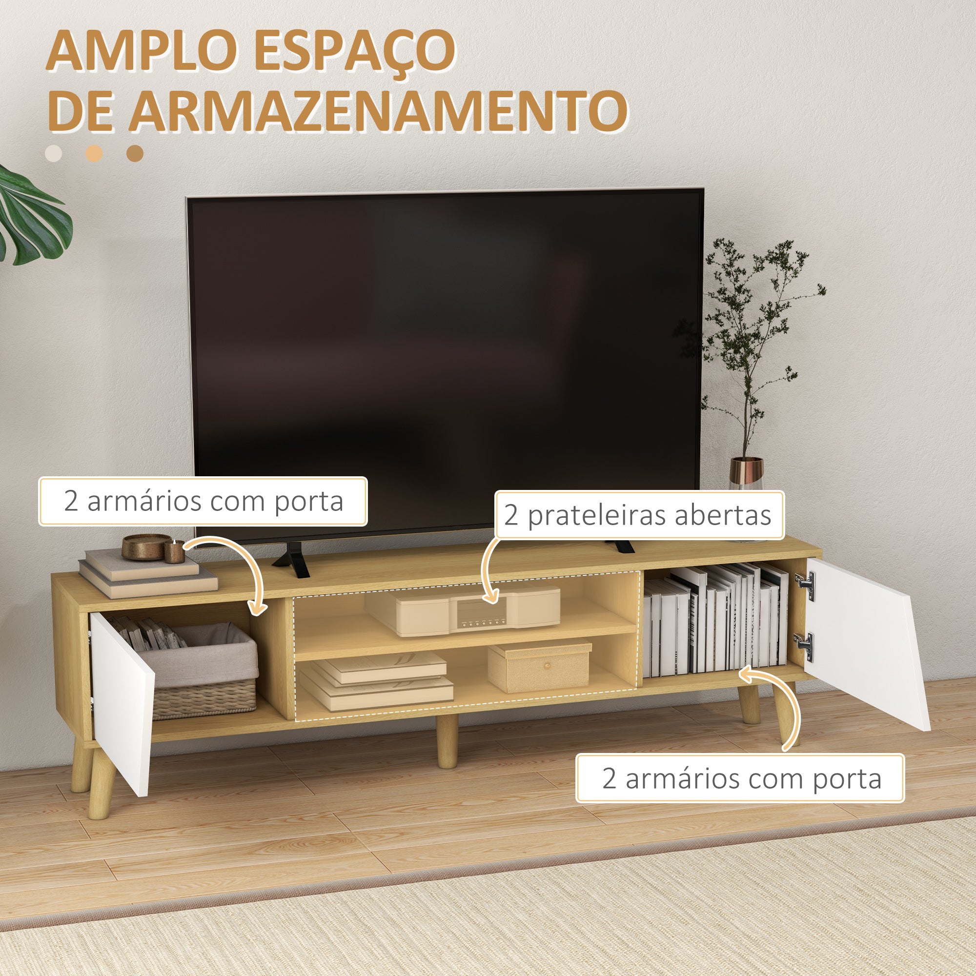 Móvel de TV para Sala de Estar 150x30x42 cm - Madeira e Branco