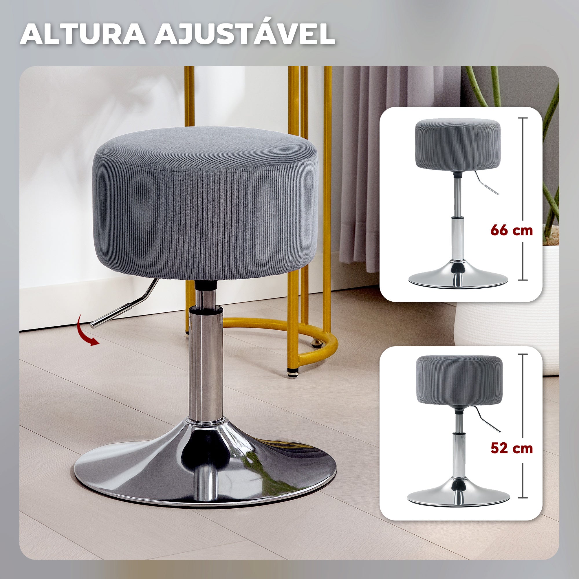 Banco de Bar Giratório em Veludo Cinzento Ø38x52-66 cm