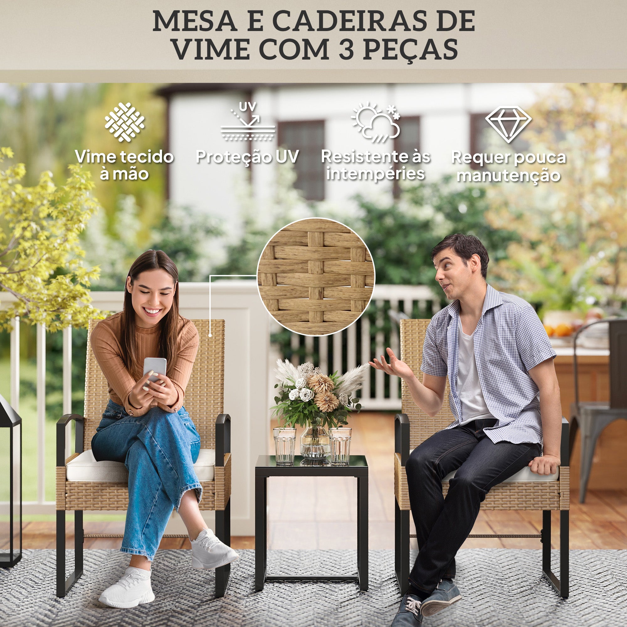 Conjunto de Jardim de 3 Peças com 2 Cadeiras e Mesa de Vime Bege e Branco 58x64x94 cm