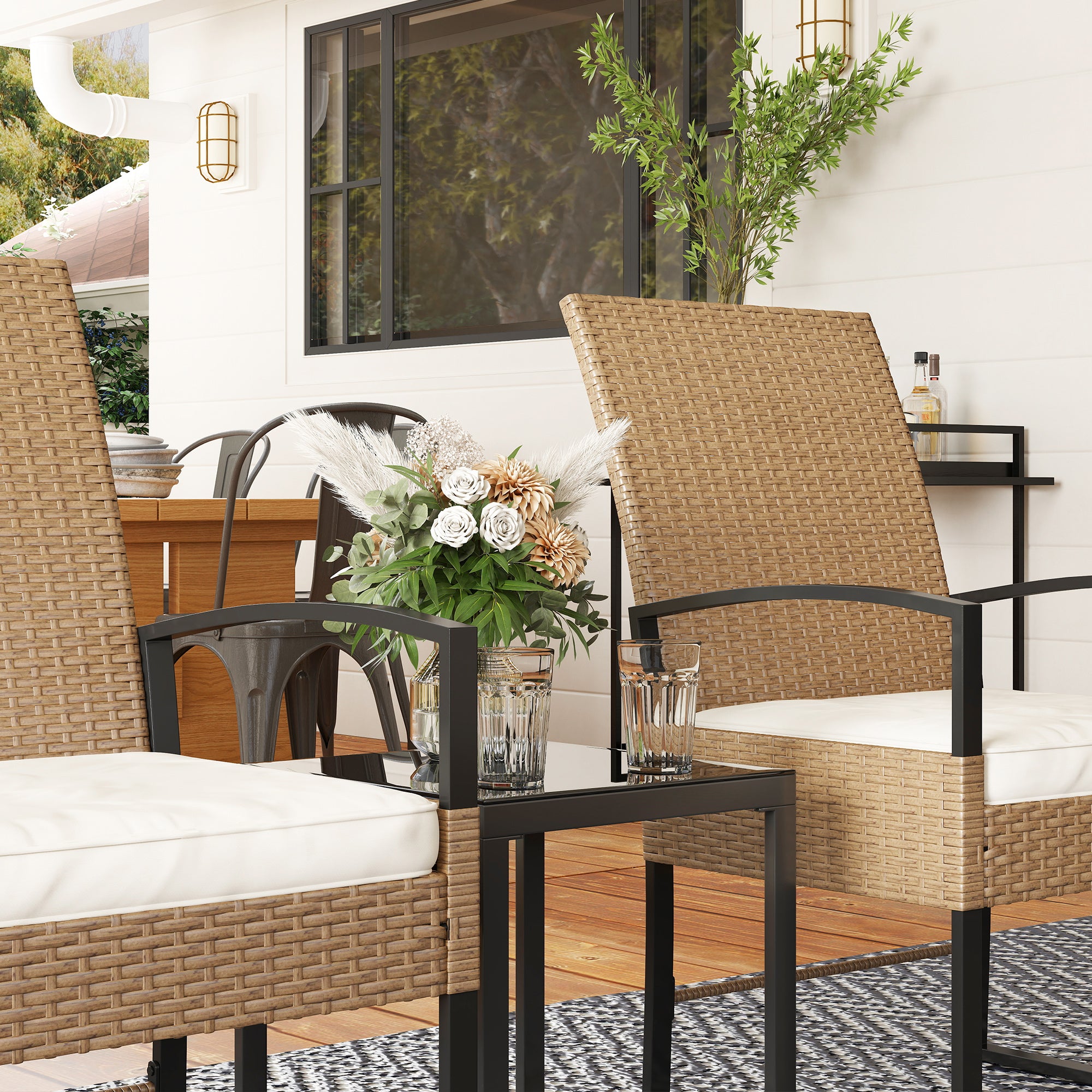 Conjunto de Jardim de 3 Peças com 2 Cadeiras e Mesa de Vime Bege e Branco 58x64x94 cm