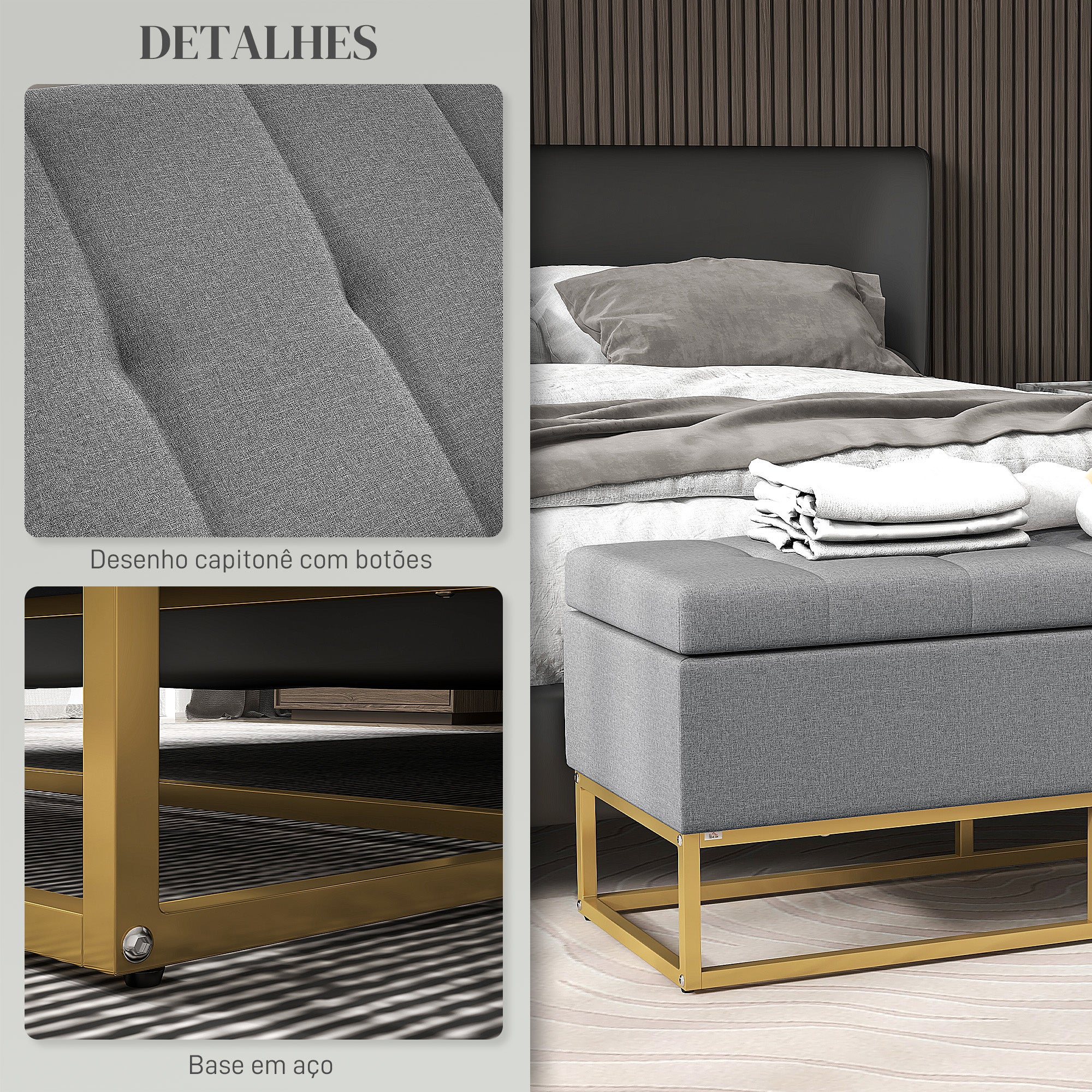 Banco de Armazenamento Estofado em Linho – 110x44x48 cm – Cinza