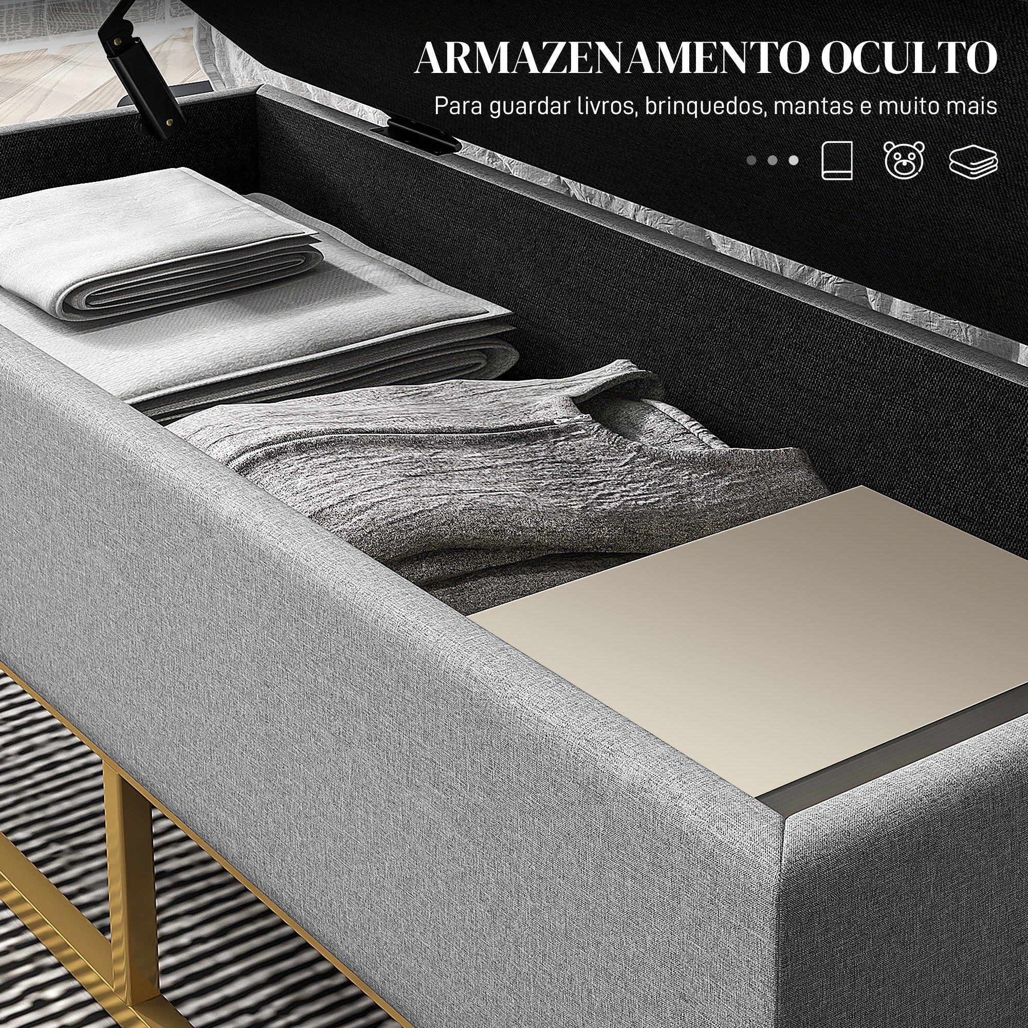 Banco de Armazenamento Estofado em Linho – 110x44x48 cm – Cinza