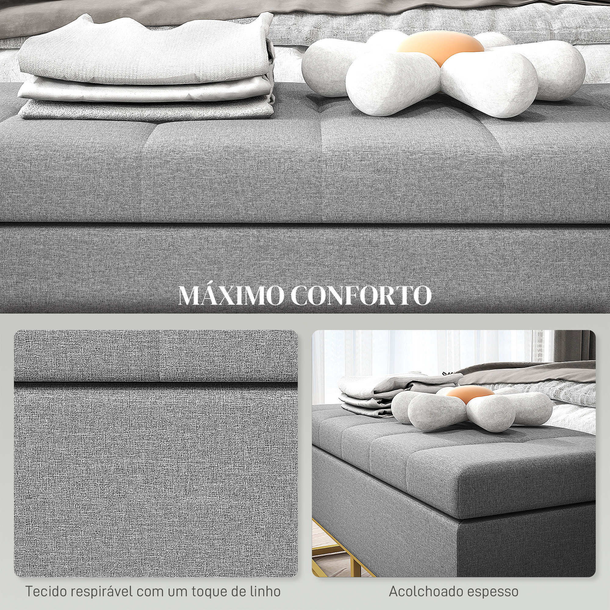 Banco de Armazenamento Estofado em Linho – 110x44x48 cm – Cinza