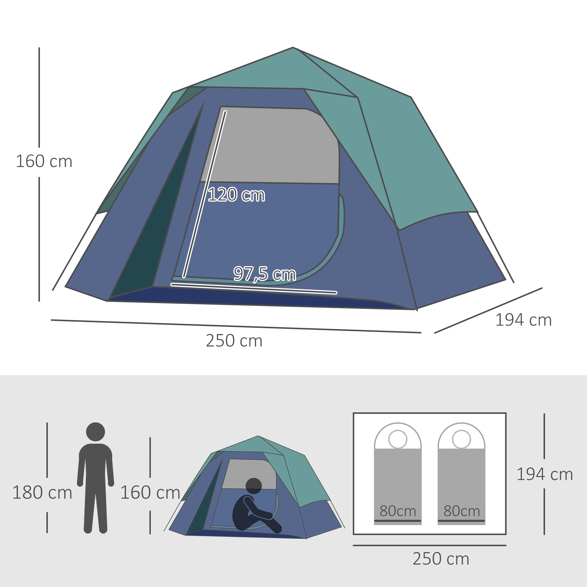 Tenda de Campismo para 2-3 Pessoas – 250x194x160 cm – Verde – Poliéster, Oxford, Fibra de Vidro