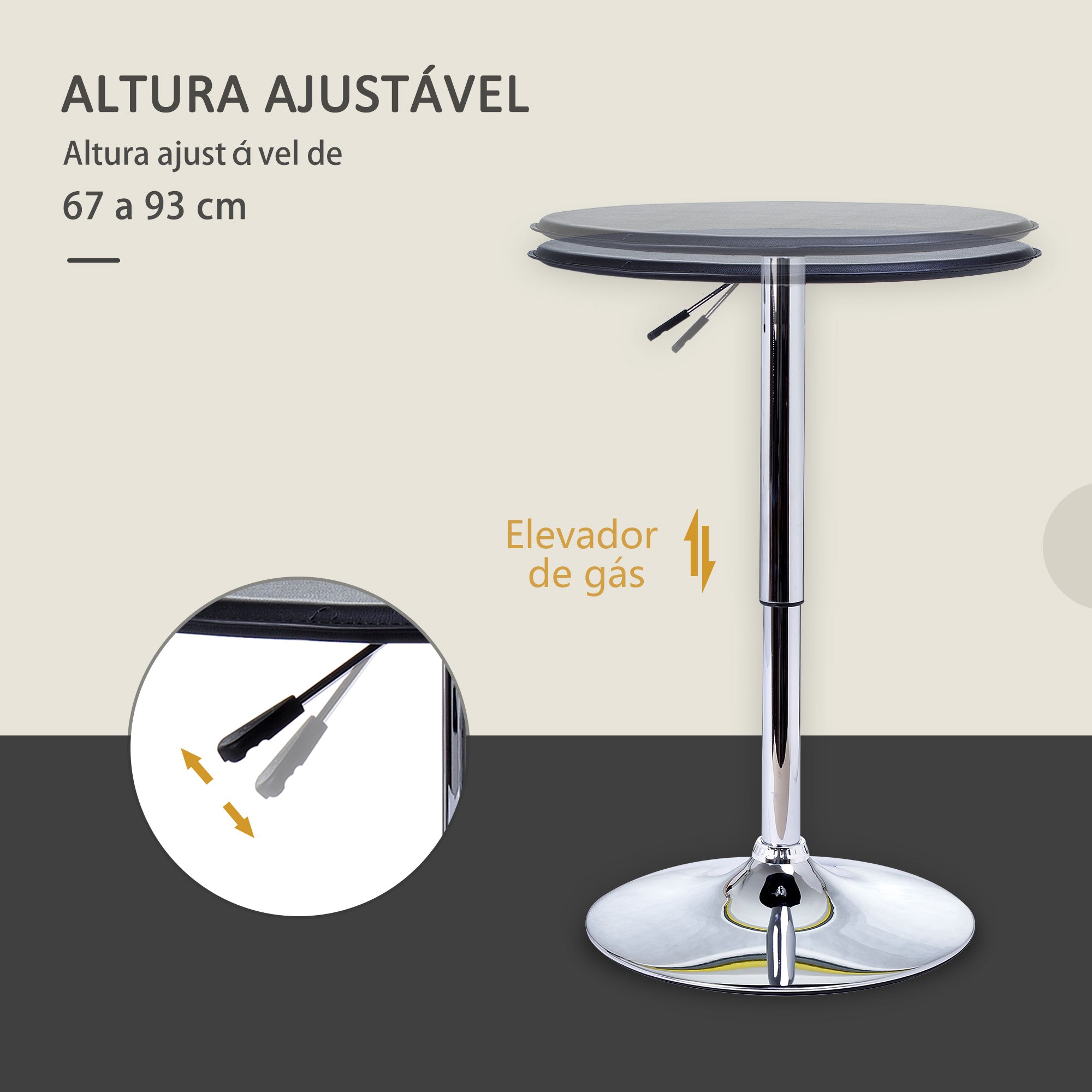 Mesa de Bar com Altura Ajustável Ø63x67-93 cm - Cor Preto